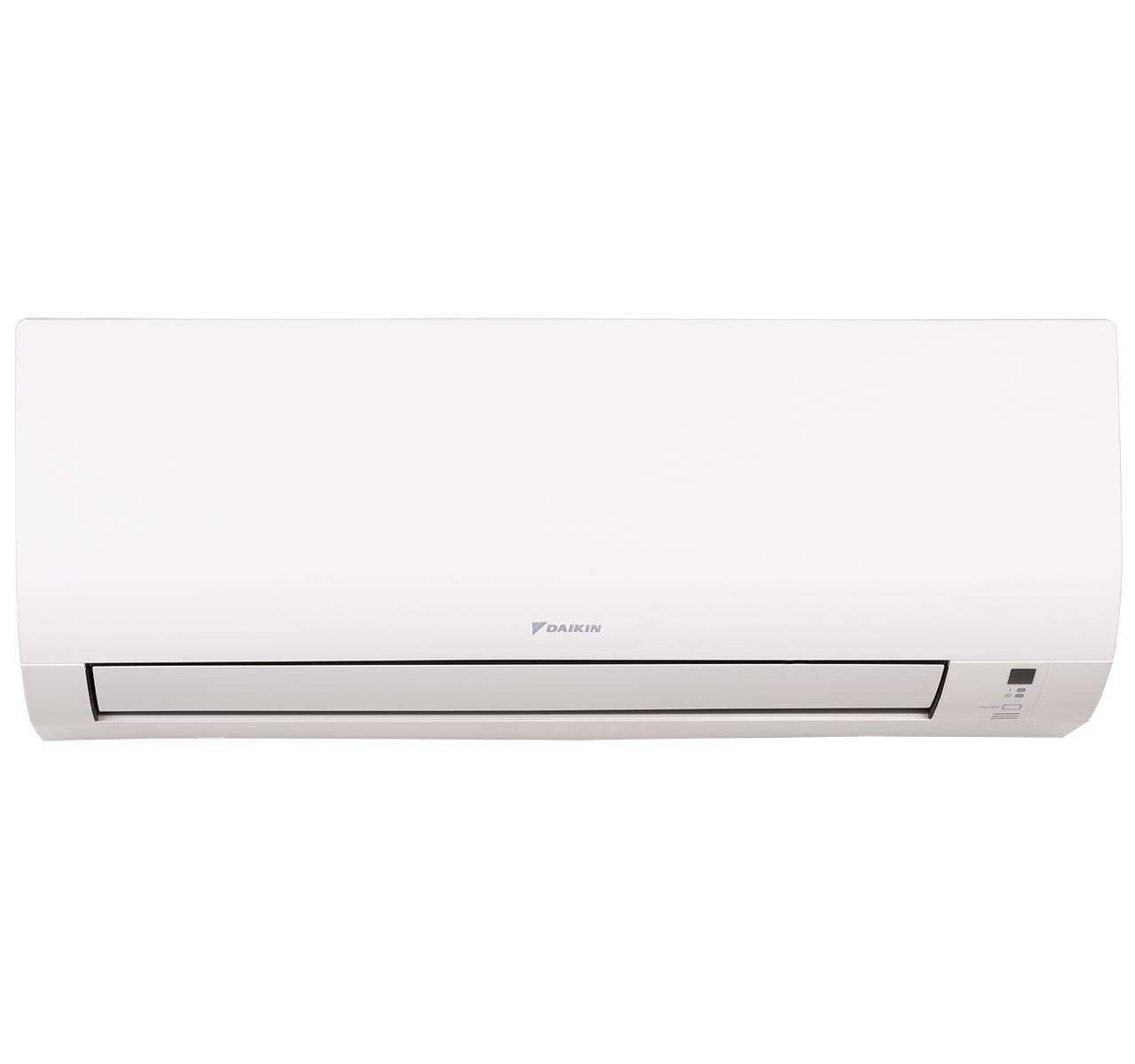 Havalandırma delikleri ve kontrol düğmeleri olan beyaz bir Daikin klima ünitesi.