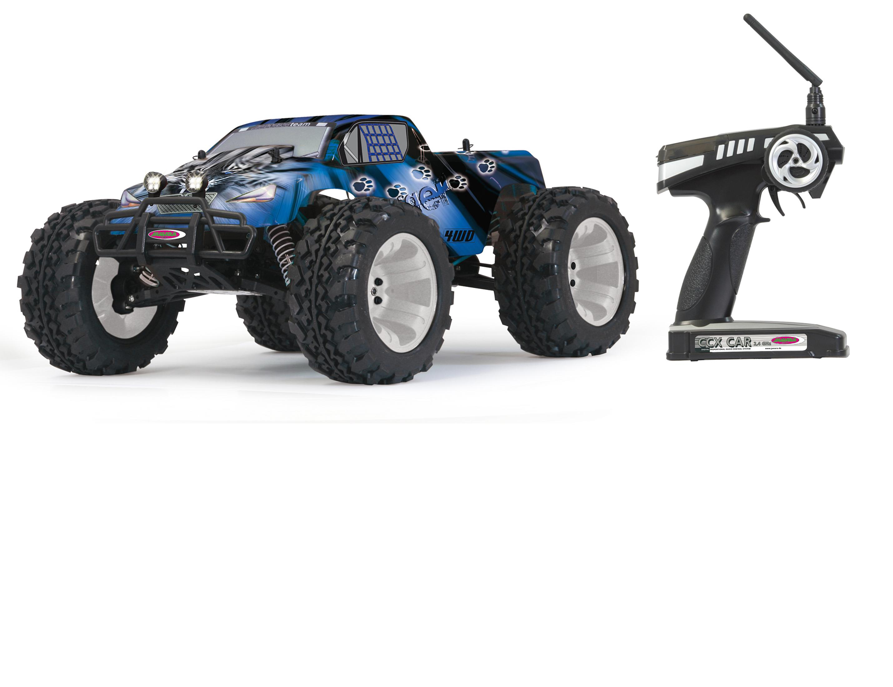 Ein blaues RC-Monster-Truck mit schwarzem Überrollbügel und Fernbedienung.