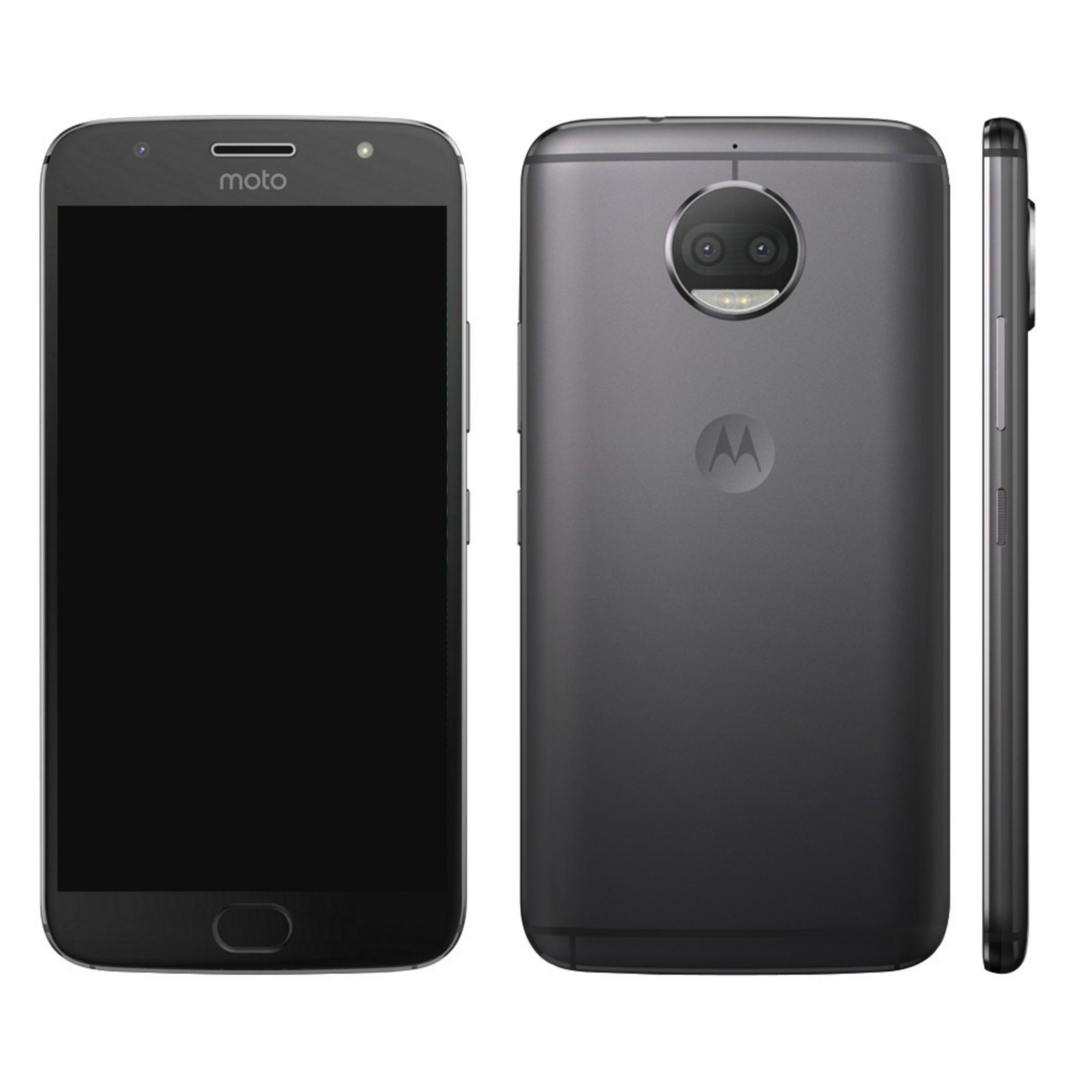 Drei Ansichten eines dunkelgrauen Motorola-Smartphones mit schwarzem Bildschirm.