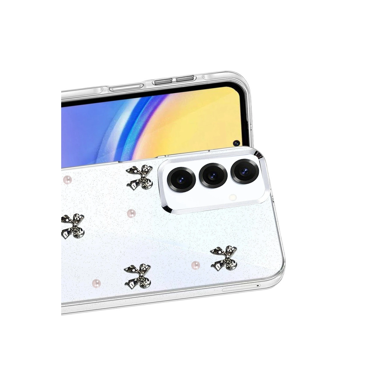 Telefon üzerinde gümüş fiyonklar ve incilerle süslenmiş şeffaf telefon kılıfı.