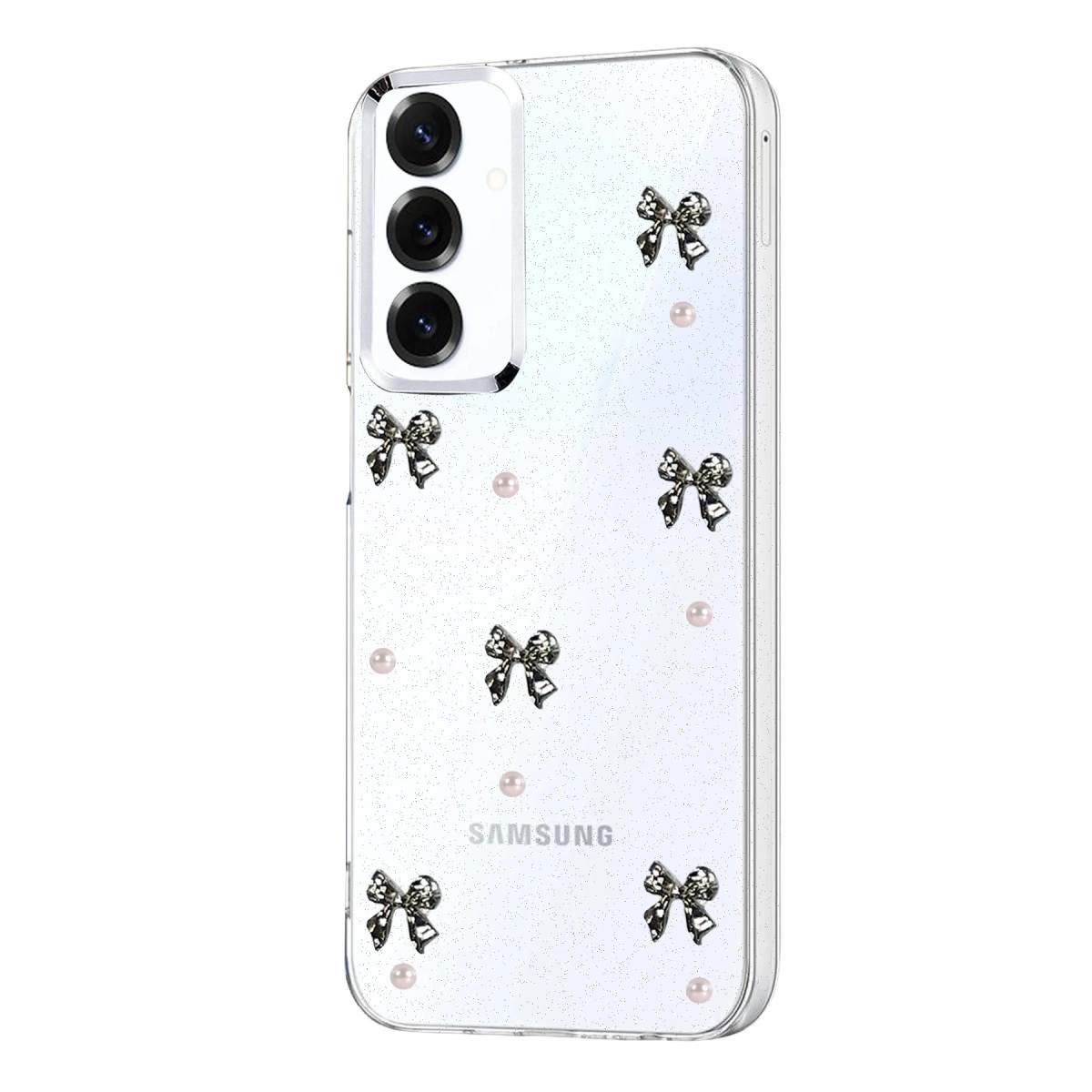 Sim, fiyonk ve incilerle süslenmiş şeffaf telefon kılıfı.