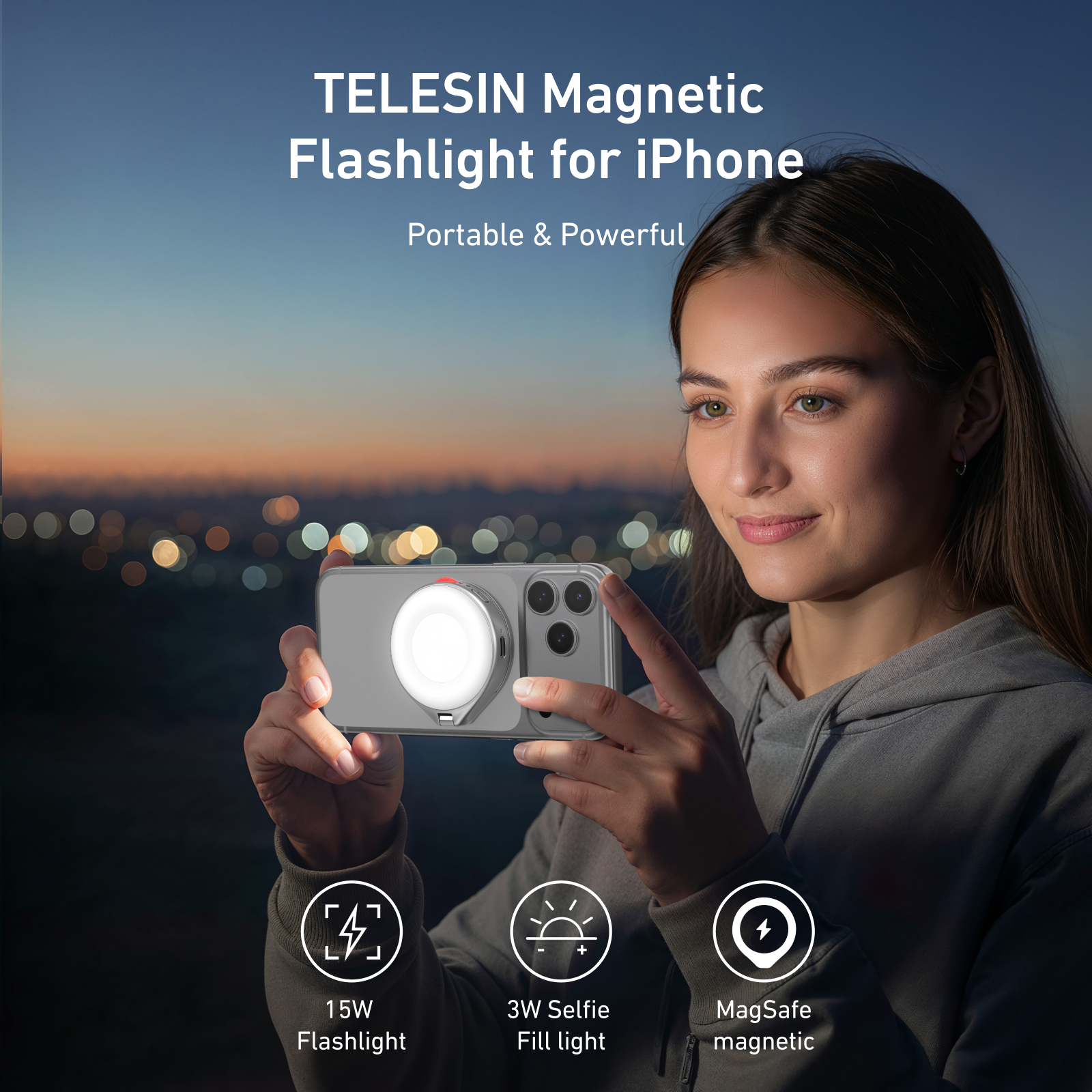 Woman holds iPhone with bright ring light. Features: 15W flashlight, 3W selfie light, MagSafe.