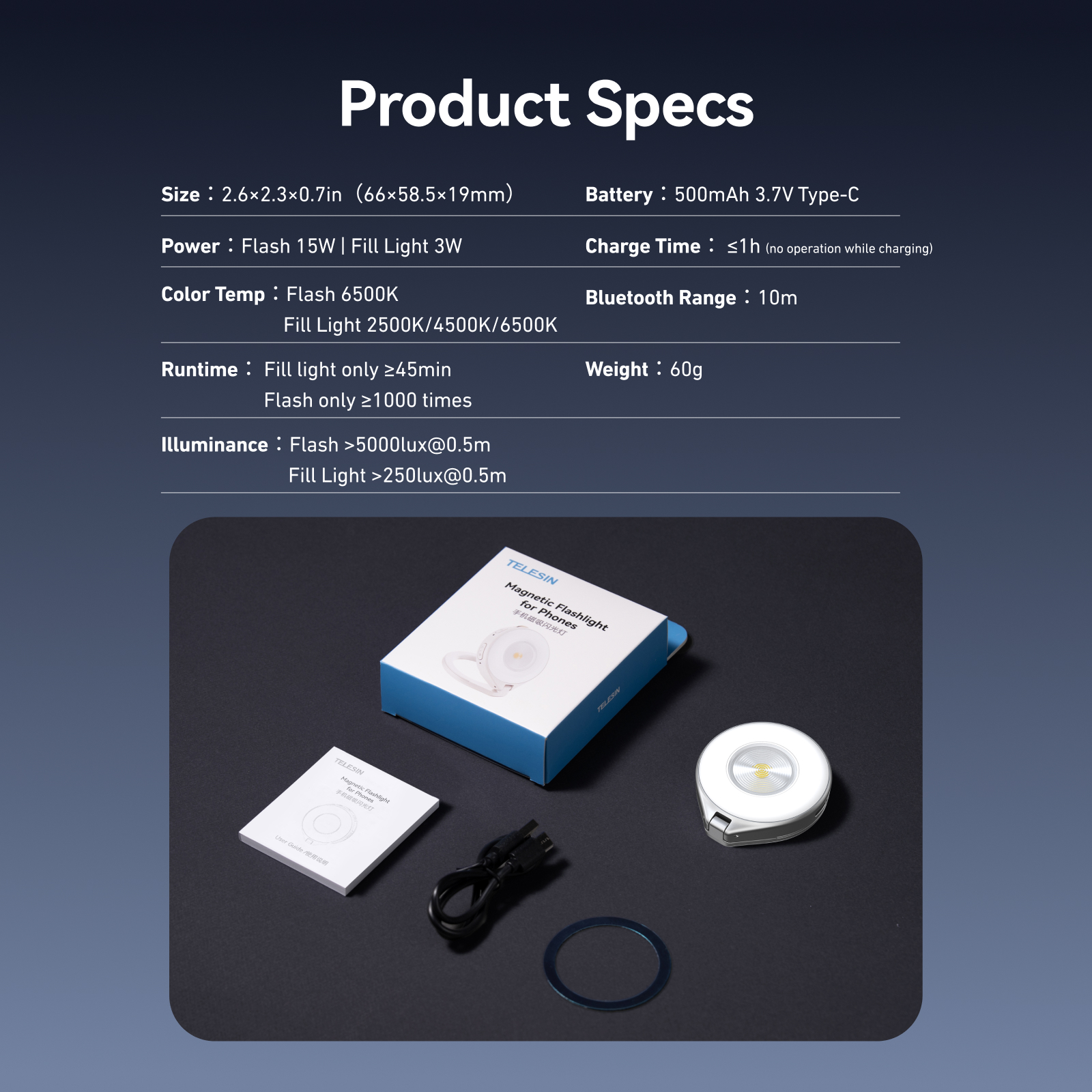 Product specs: Magnetic flashlight, cable, manual, ring.