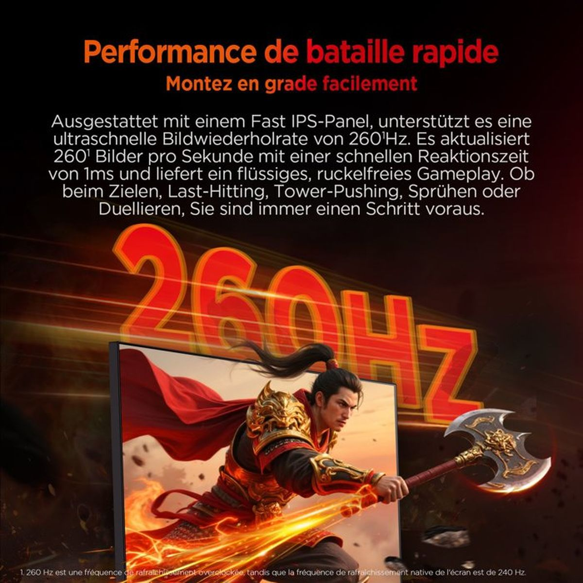 Un guerriero con un'ascia davanti a uno schermo da 260 Hz.