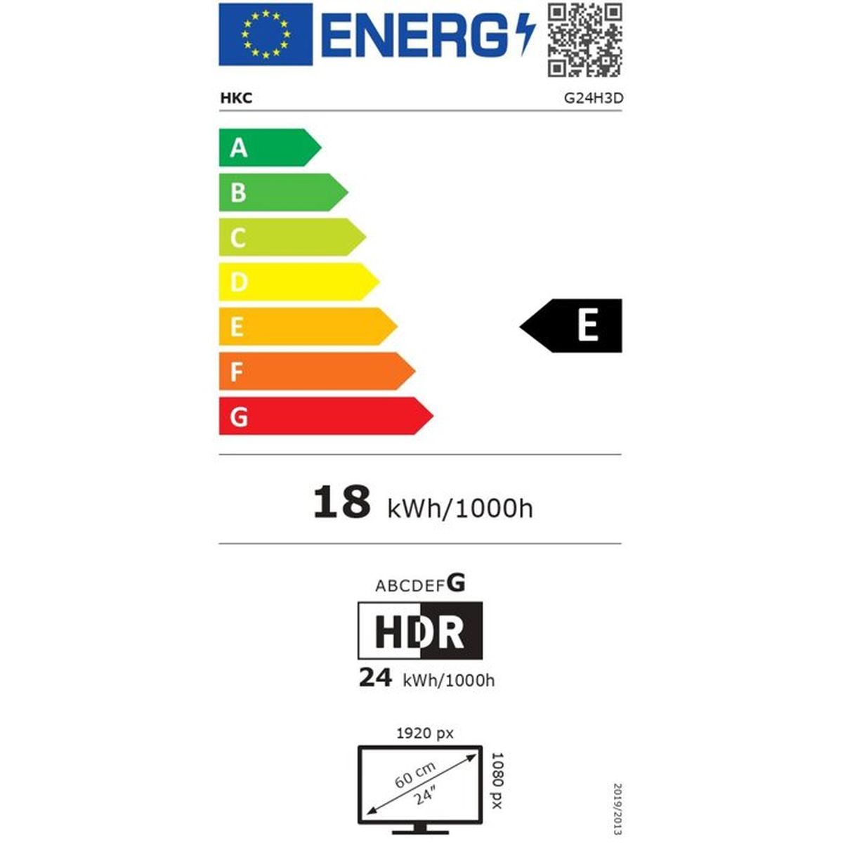 Etichetta energetica scala A-G, classe E, 18 kWh/1000h.