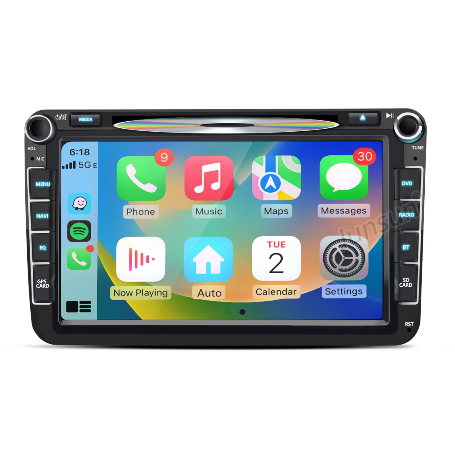 Ein Autoradio-Touchscreen mit Apps wie Telefon, Musik, Karten und Nachrichten.