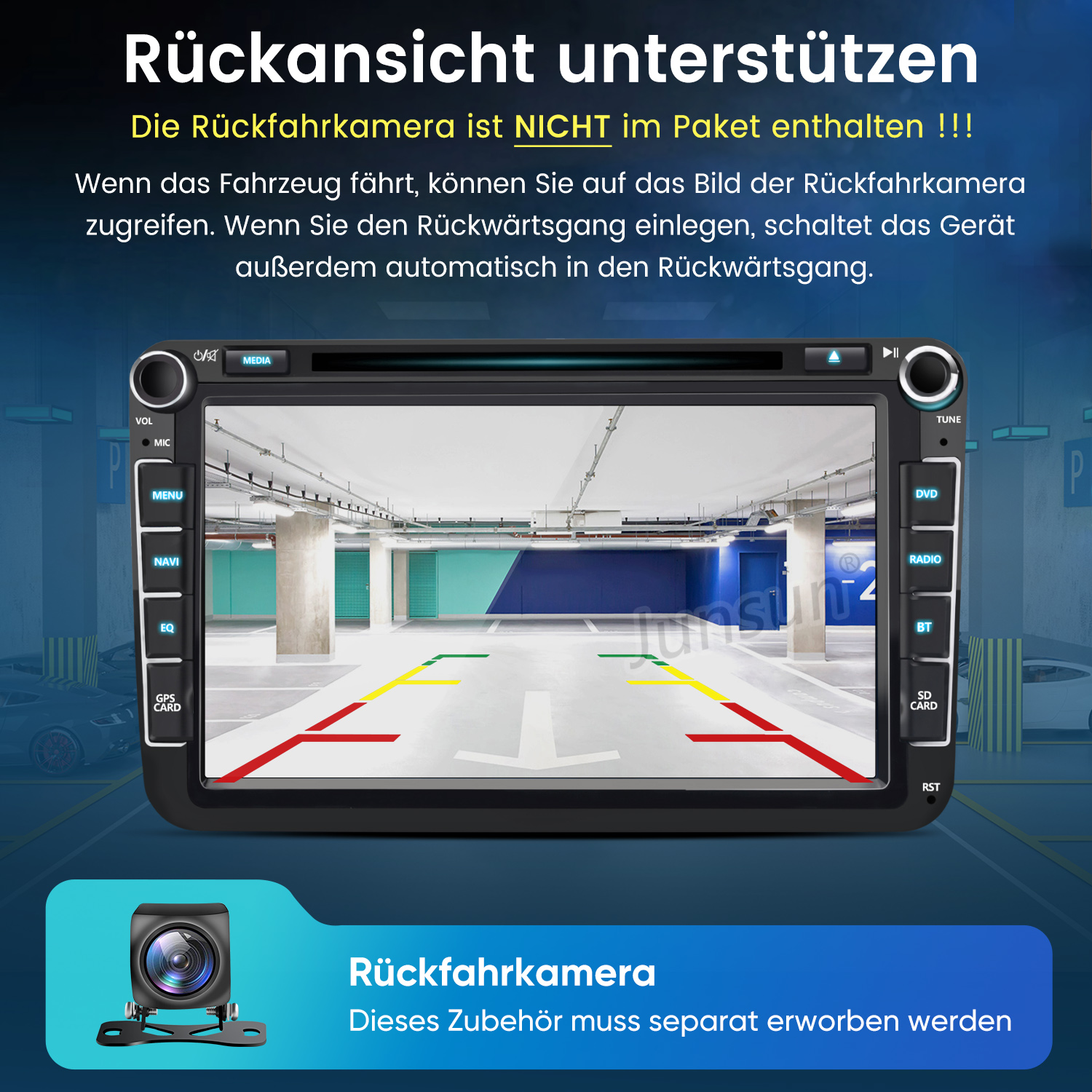 Autoradio zeigt Rückfahrkamera-Bild einer Parkgarage an. Kleineres Bild einer Kamera unten.