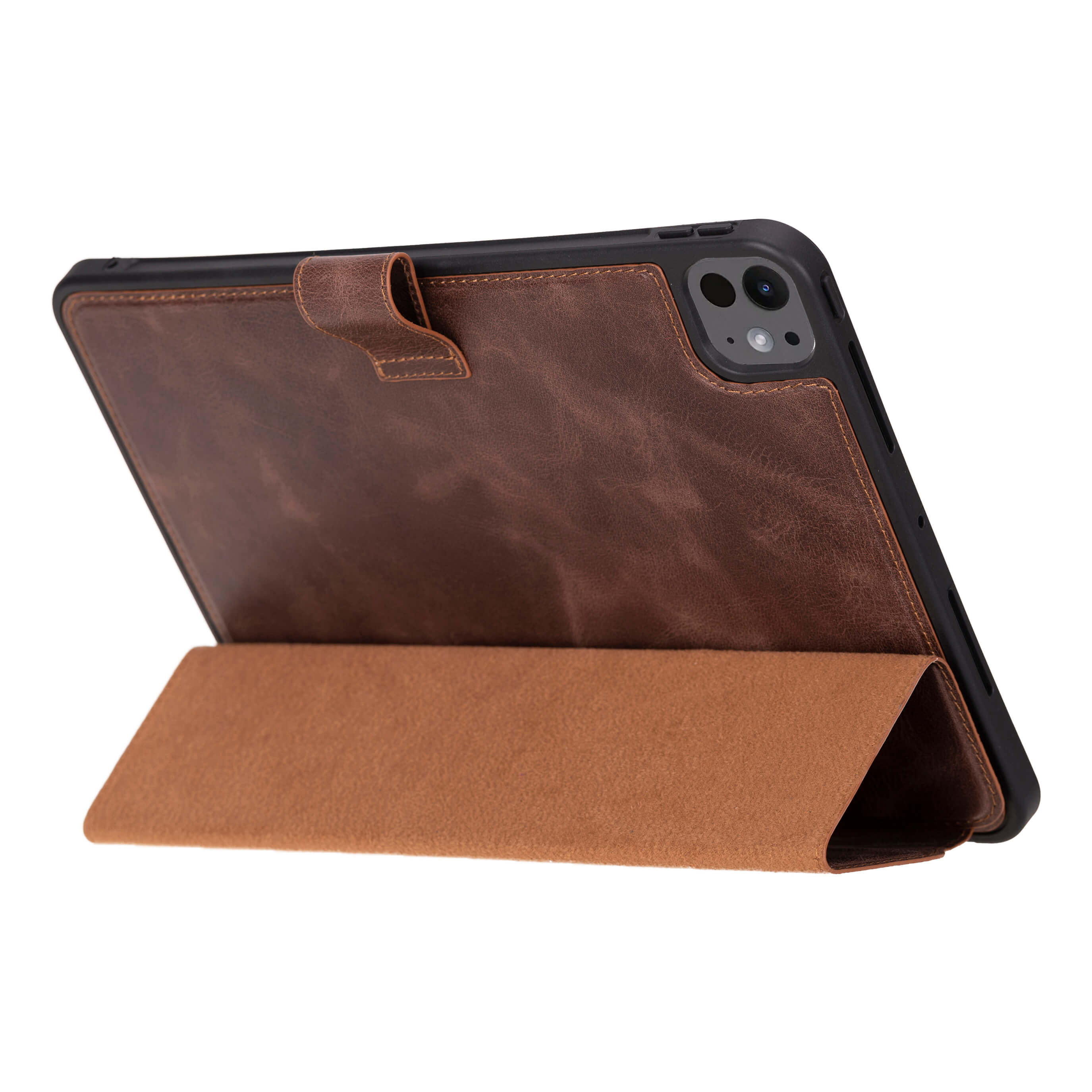 Kahverengi deri tablet kılıfı stant fonksiyonlu, beyaz arka planda.