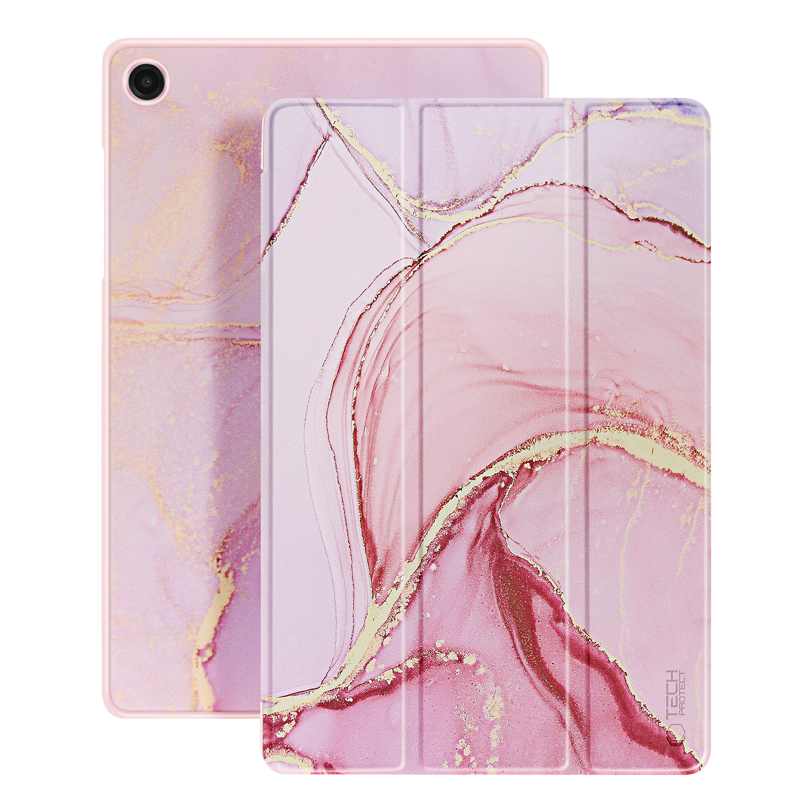 Due custodie per tablet in marmo rosa con accenti dorati, una con foro fotocamera.