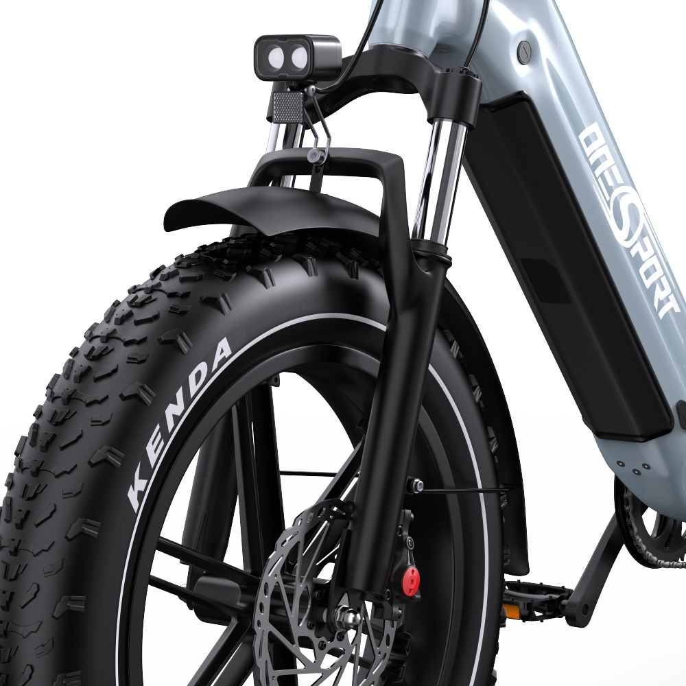 Vorderreifen eines grauen E-Bikes mit Doppelscheinwerfer und schwarzem Schutzblech.