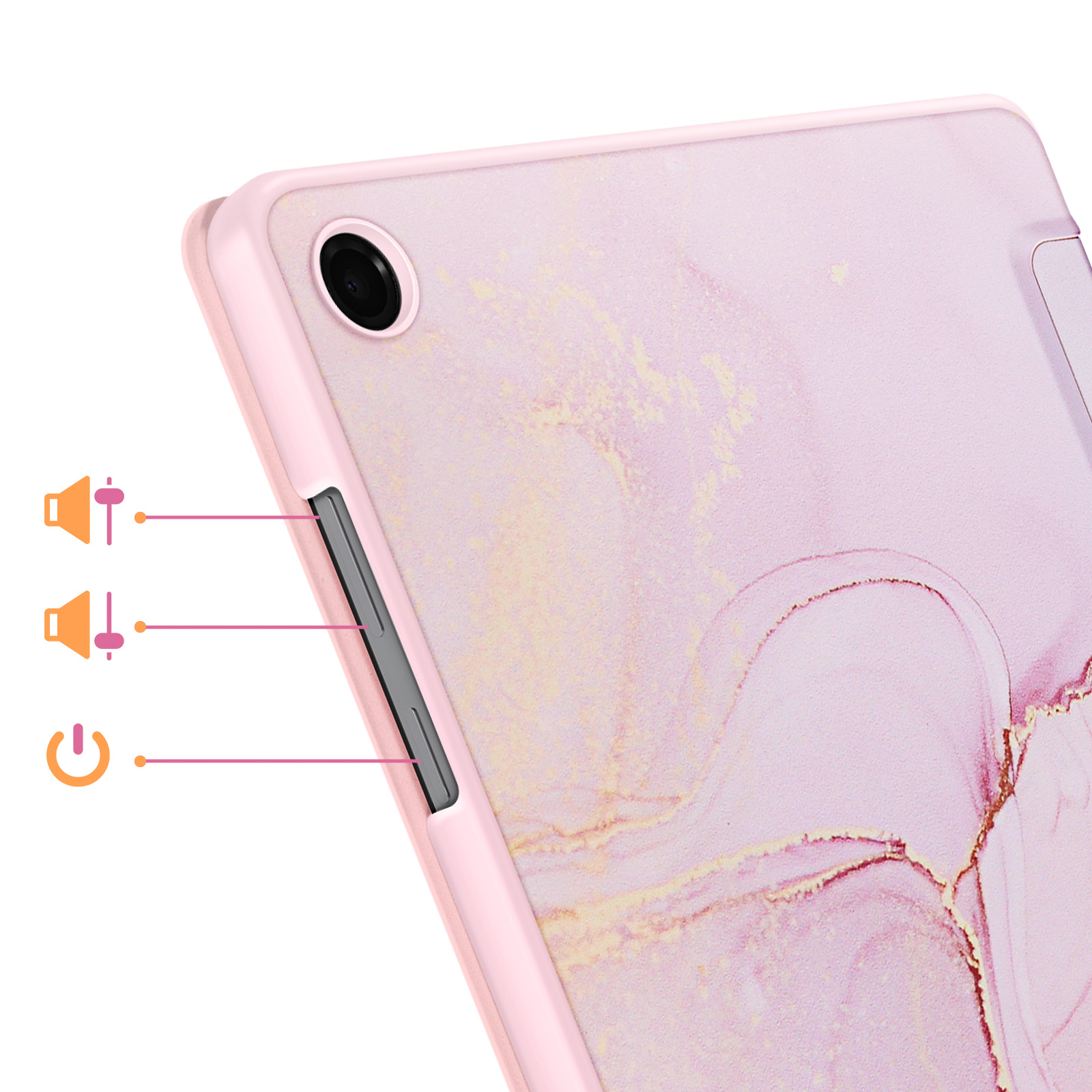 Custodia per tablet rosa con motivo marmorizzato e pulsanti volume e accensione evidenziati.
