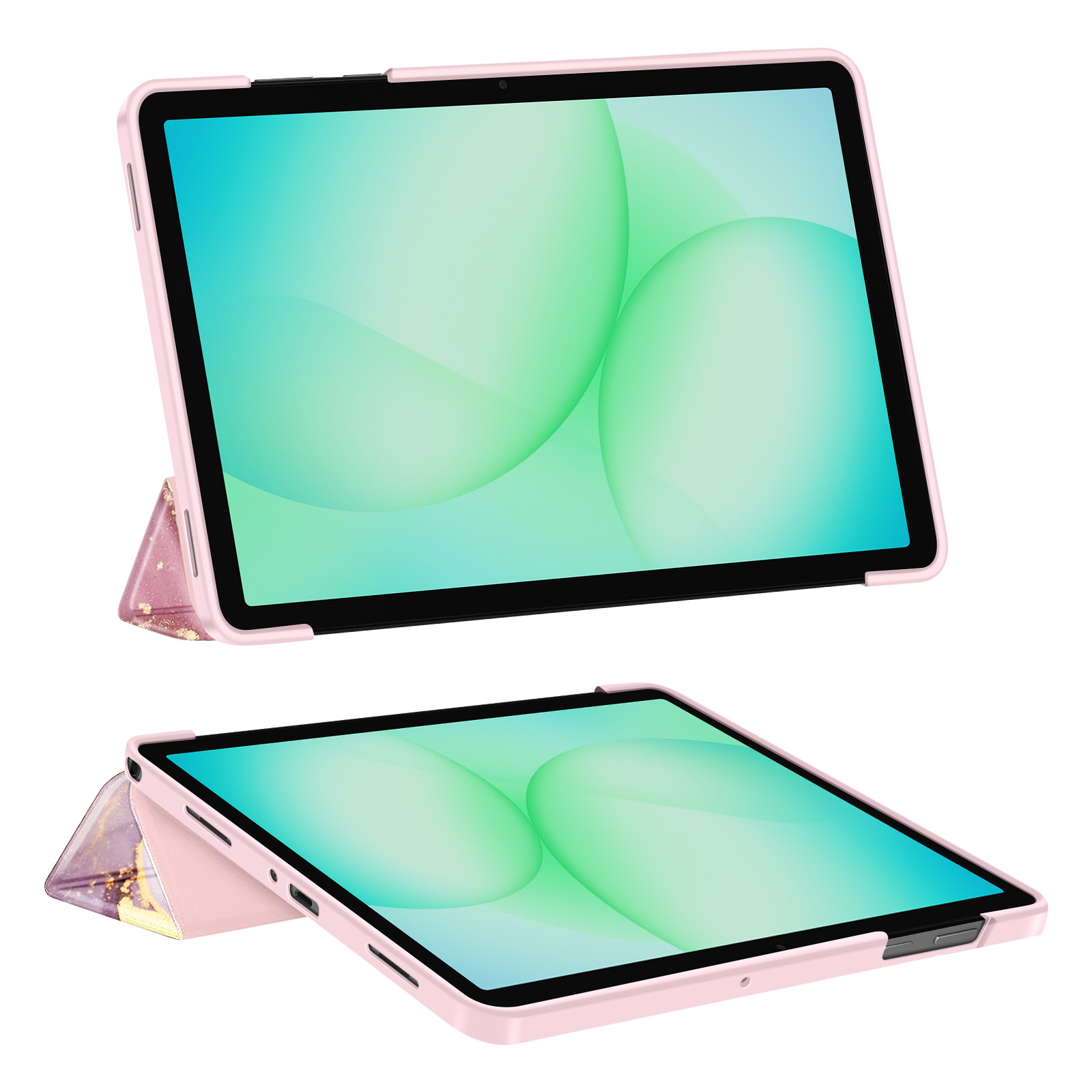 Due custodie per tablet rosa con motivo marmorizzato, una in piedi, una piatta.