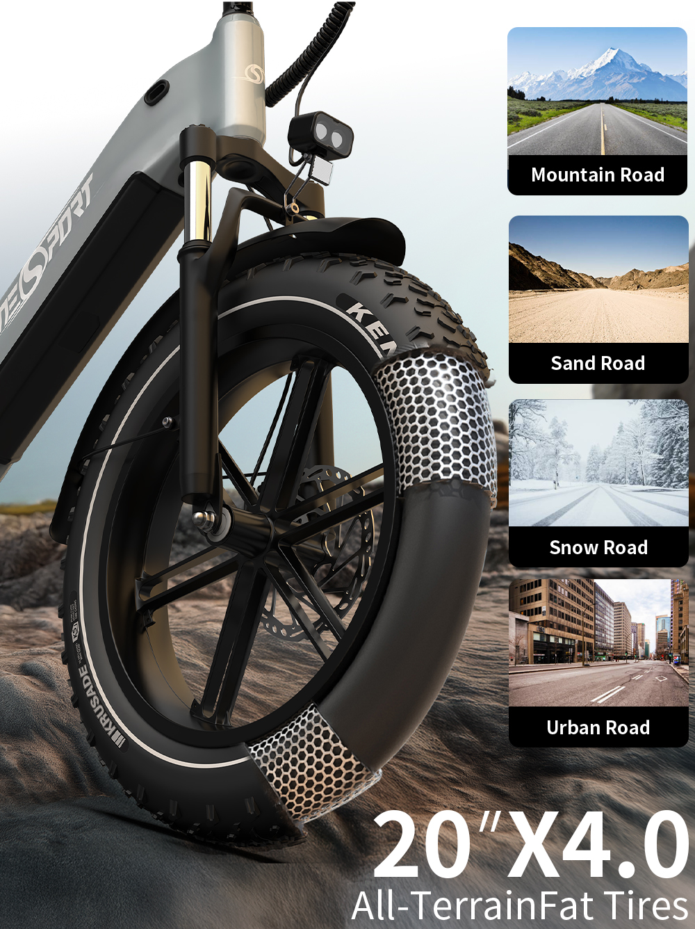 Graues E-Bike mit breiten Reifen, gezeigt auf Sand, mit Nebenbildern von Gebirgs-, Sand-, Schnee- und Stadtstraßen.