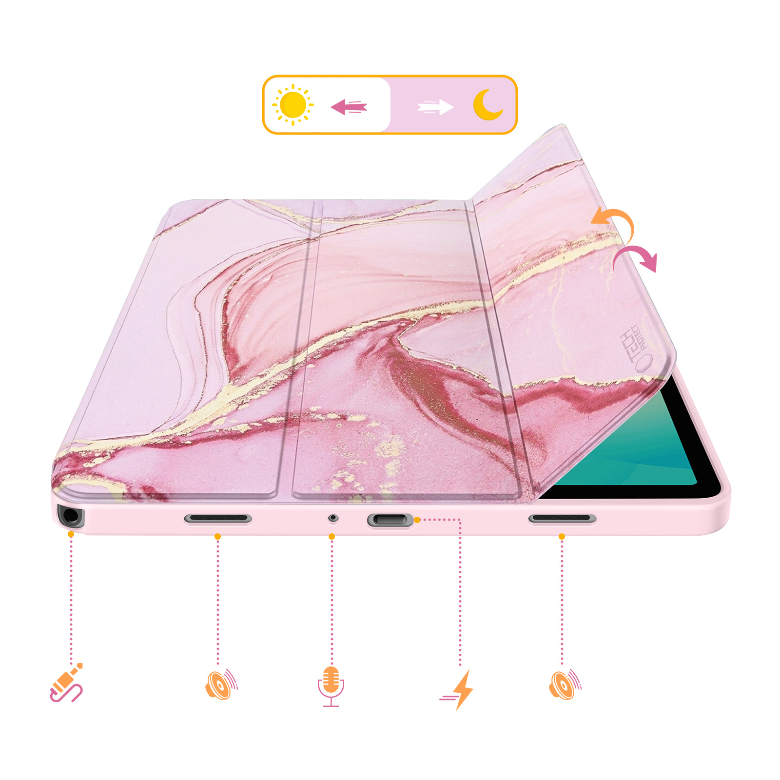 Una custodia per tablet con motivo marmorizzato rosa con icone per suono, microfono, fulmine e cuffie.