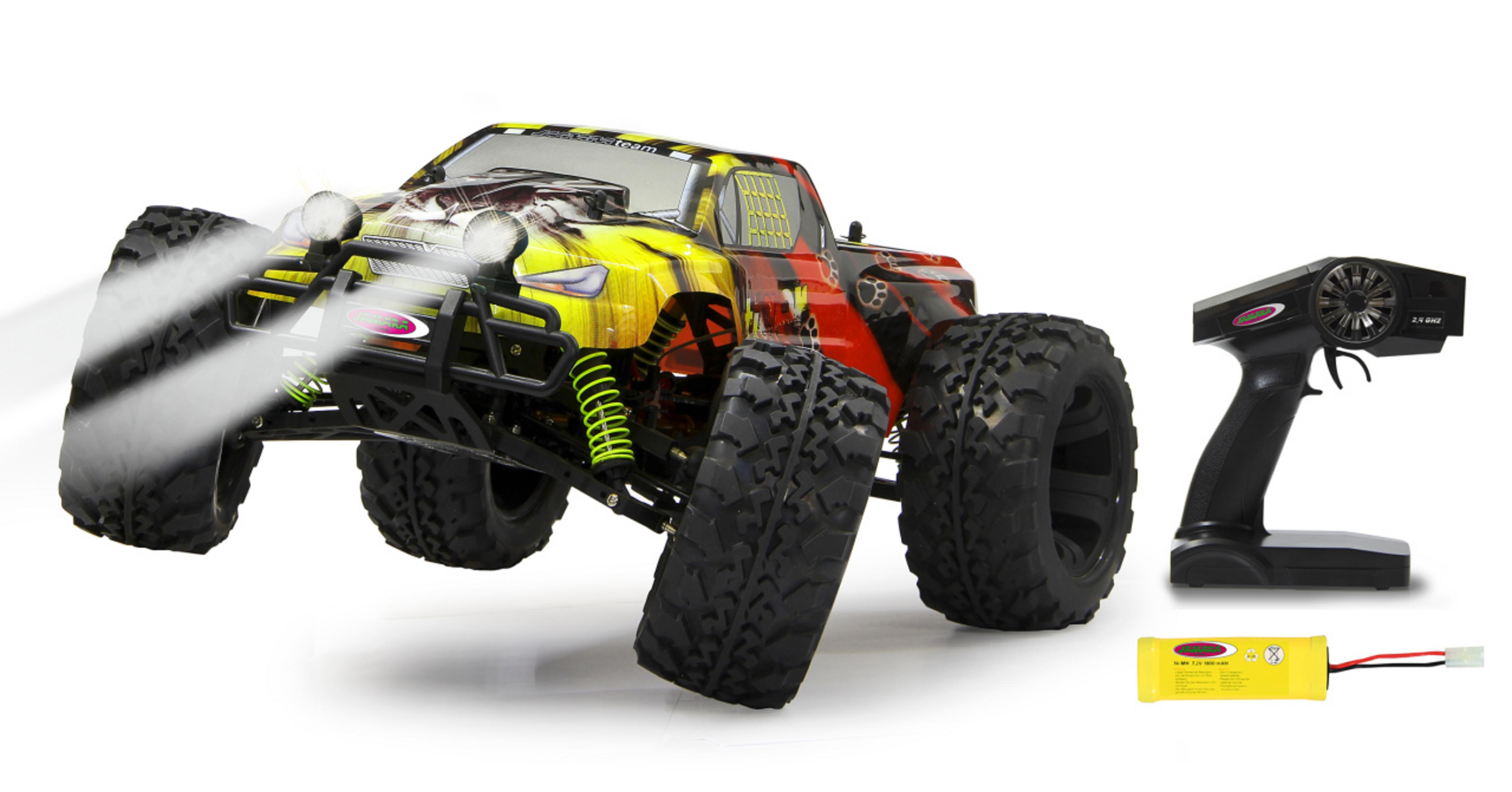 Ein gelb-rotes RC-Monster-Truck mit Fernbedienung und Akku.