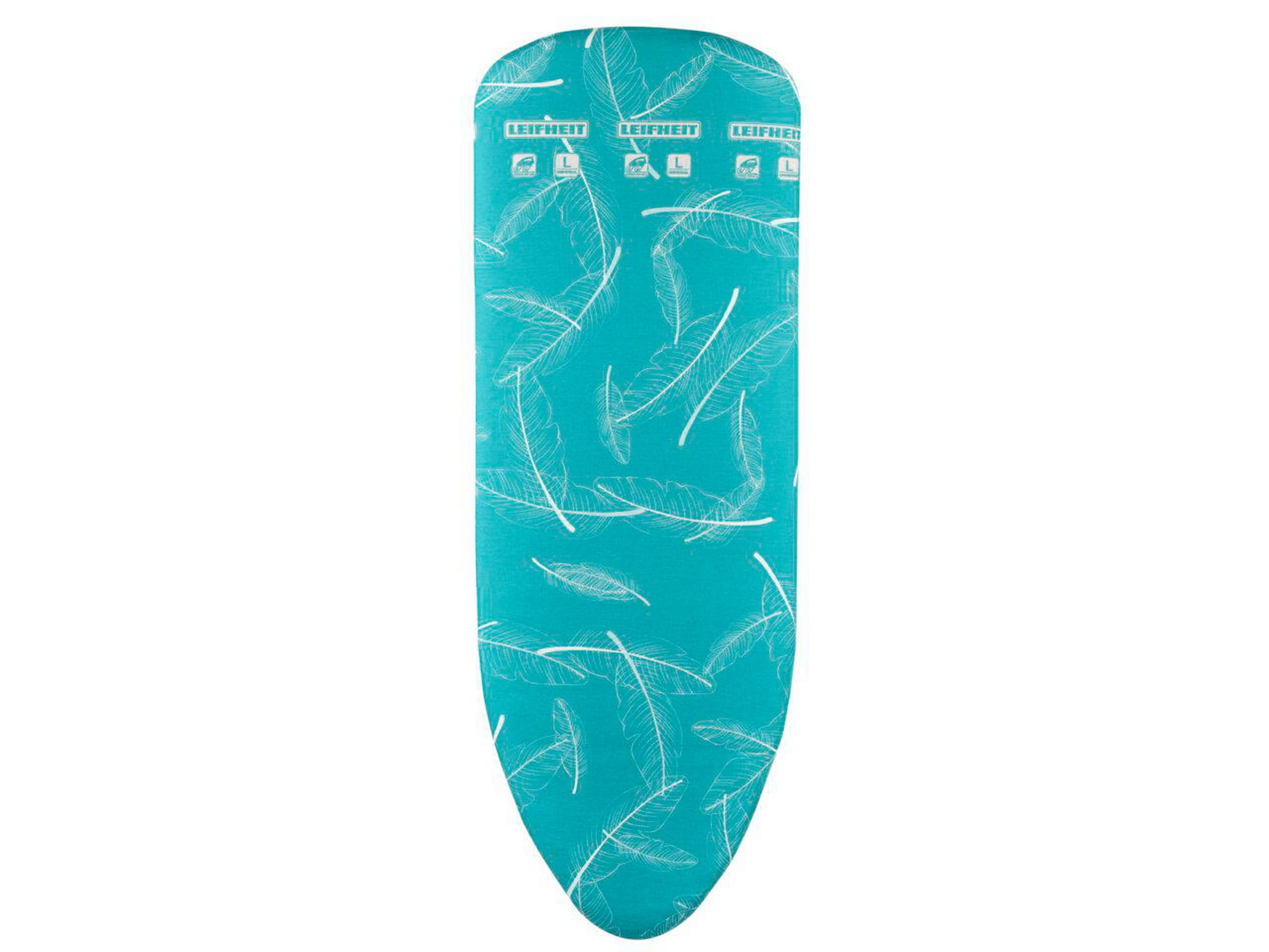 Housse de planche à repasser turquoise à motif plume blanche et logo Leifheit.