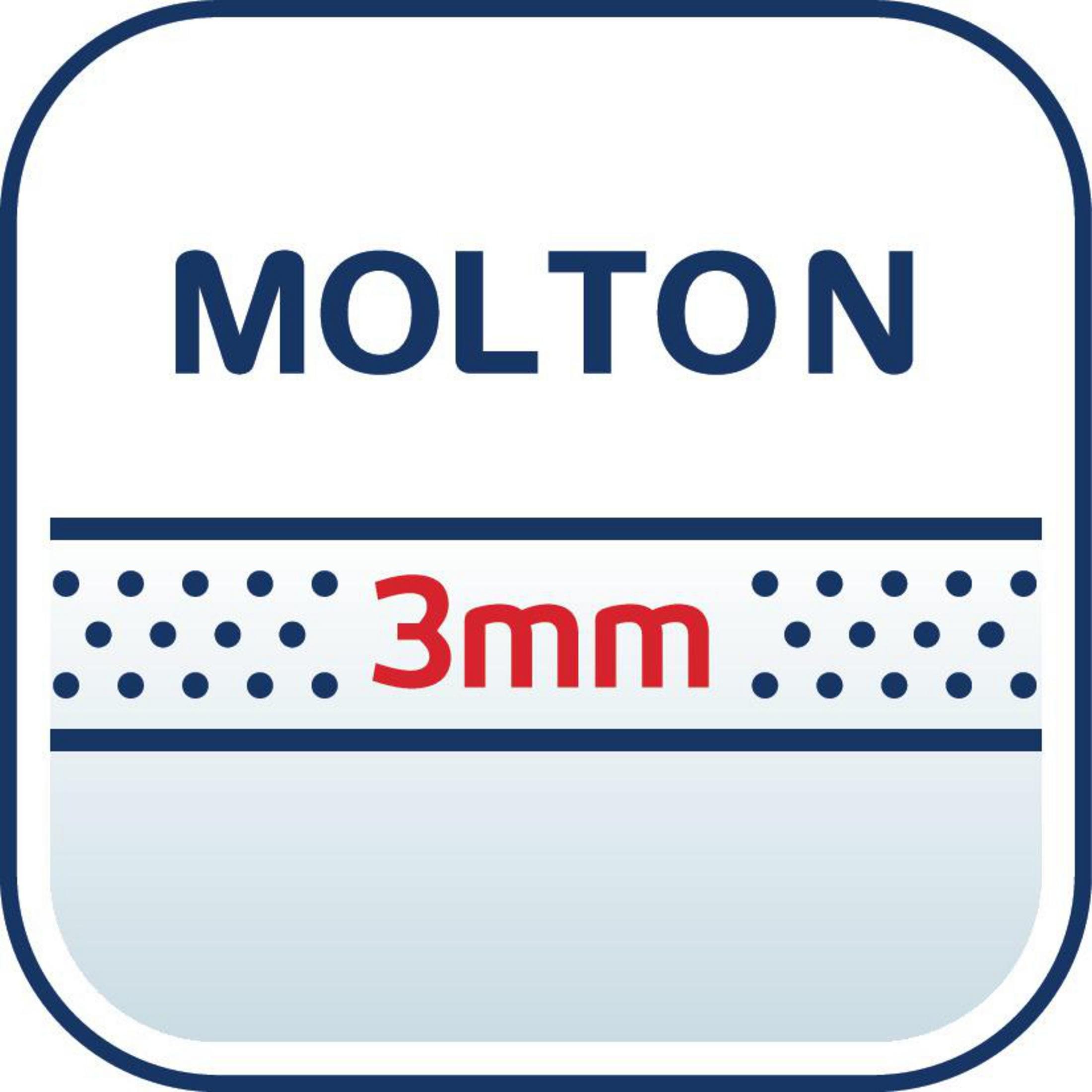 Logo indiquant 'MOLTON' et '3mm' sur fond bleu et blanc.