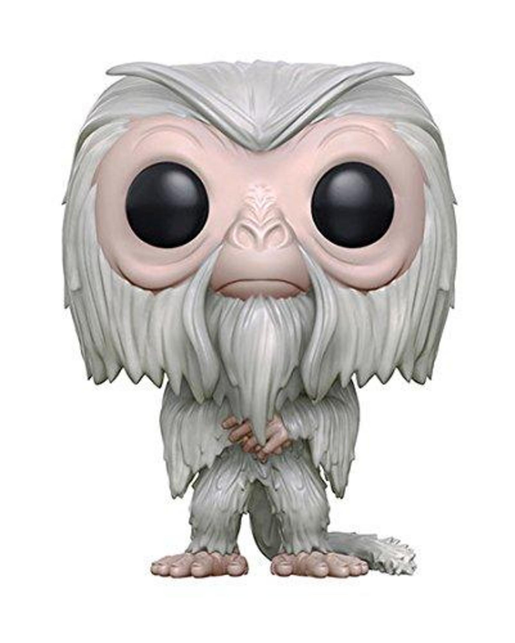 Ein weißer Funko Pop! Charakter mit großen schwarzen Augen und einem langen Bart.