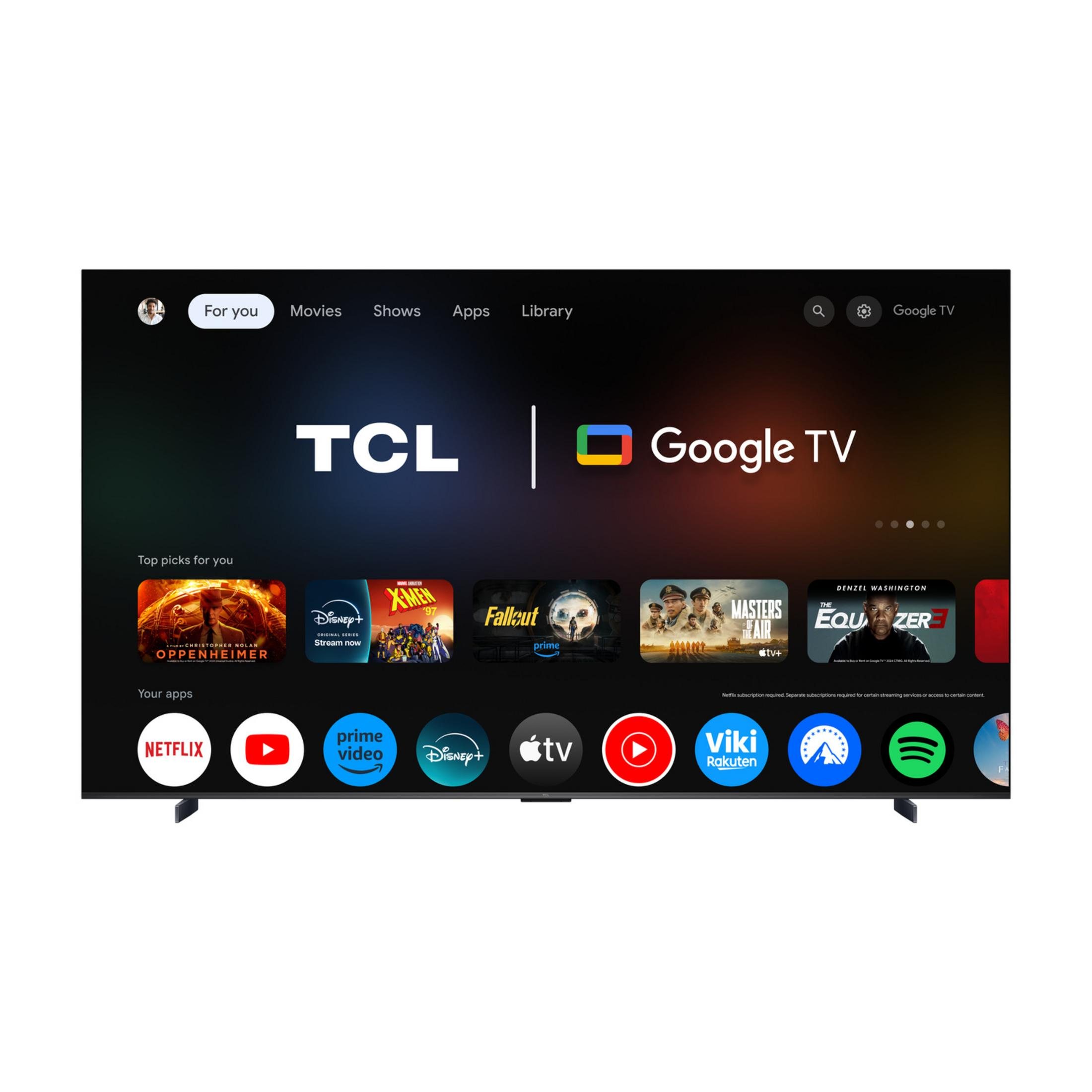 TCL Google TV pokazujący aplikacje takie jak Netflix, Prime Video, Disney+, Apple TV, Viki i Spotify.
