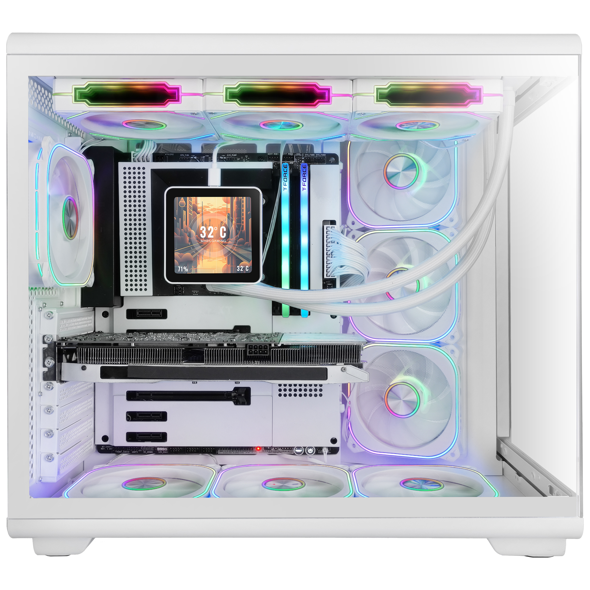 Una caja de PC blanca con ventiladores RGB, tarjeta gráfica y pantalla pequeña.