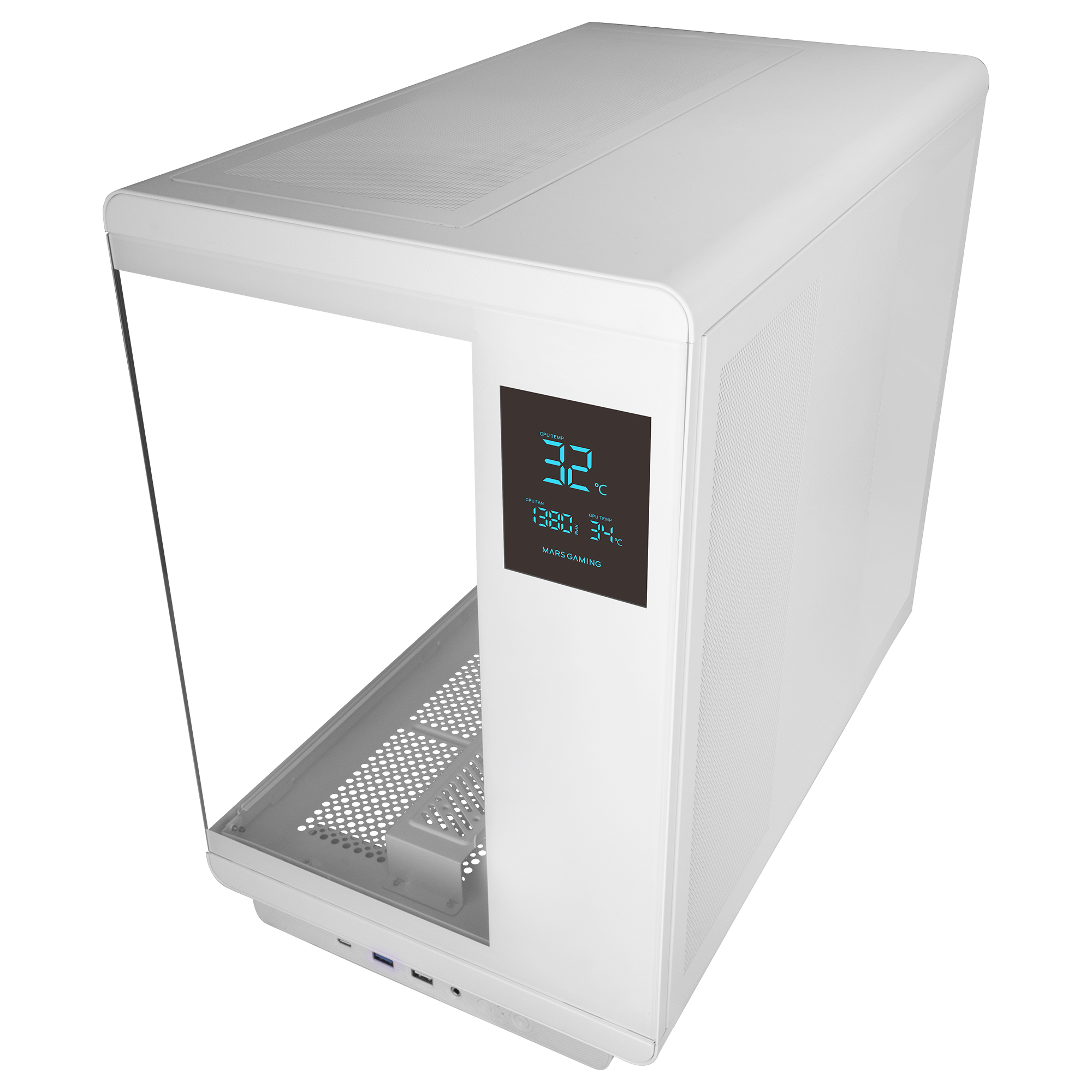 Una caja de PC blanca con pantalla digital que muestra temperatura y velocidad del ventilador.