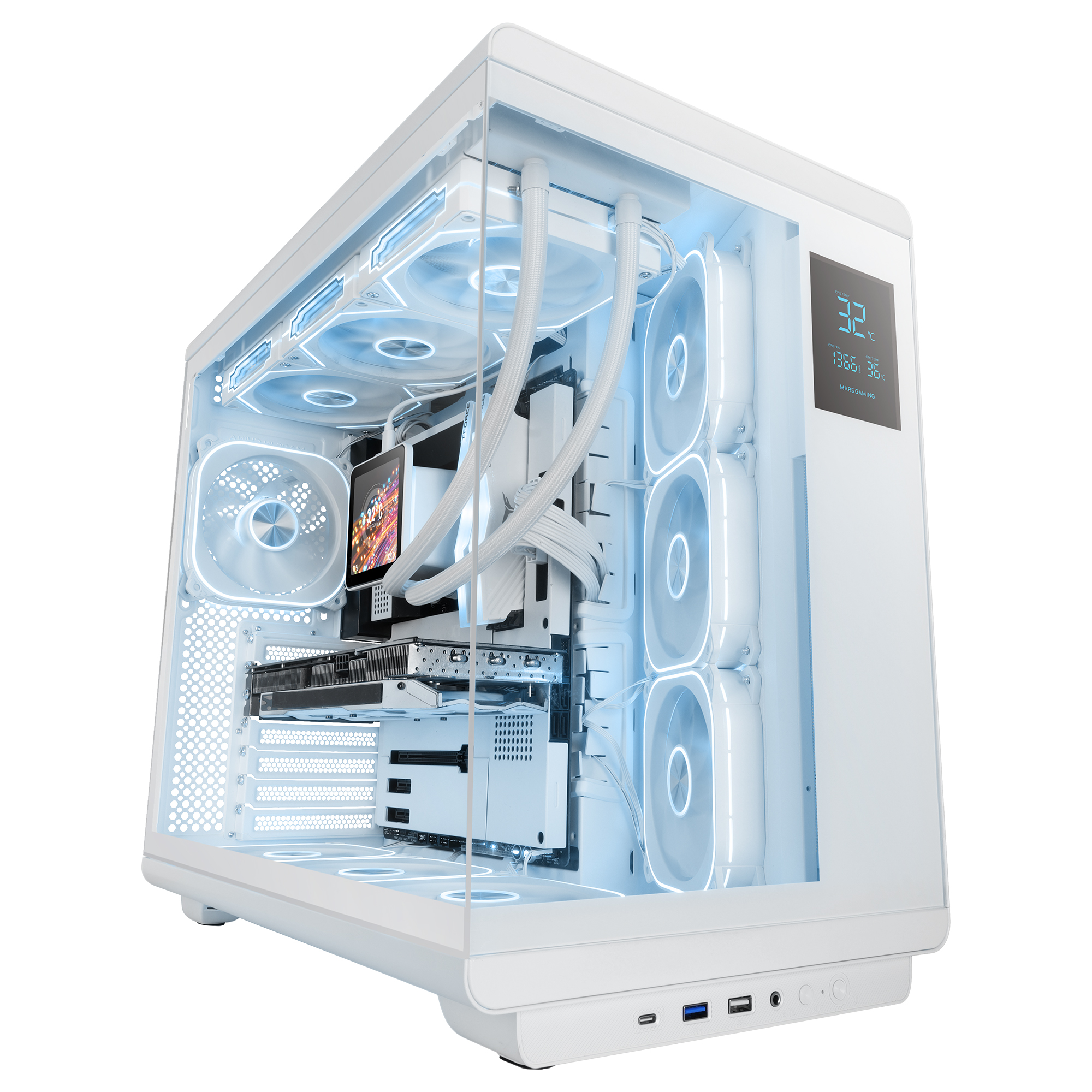 Una caja de PC blanca con ventiladores LED azules, refrigeración líquida y pantalla pequeña.