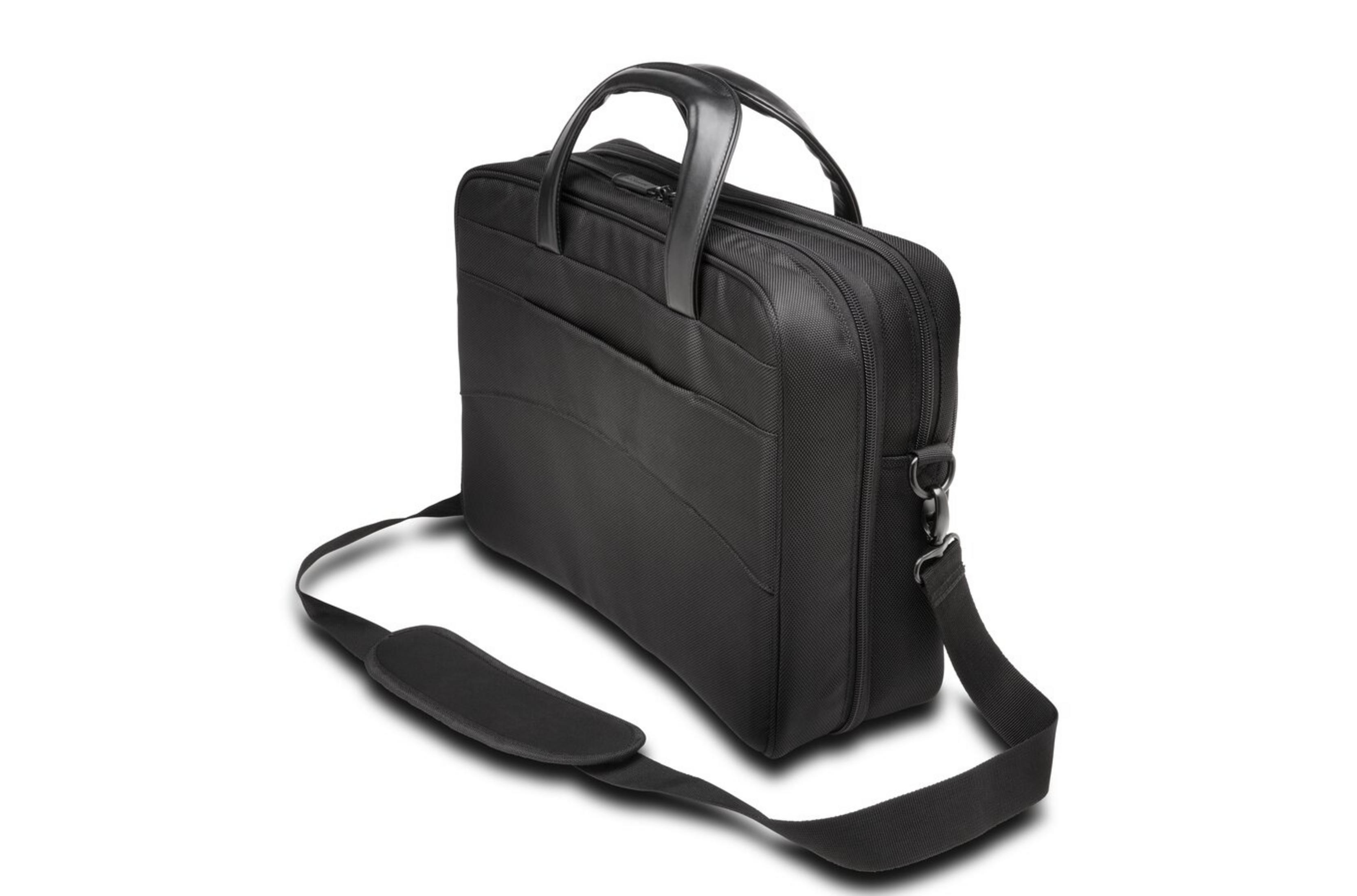 Borsa nera per laptop con manico e tracolla, isolata su sfondo bianco.