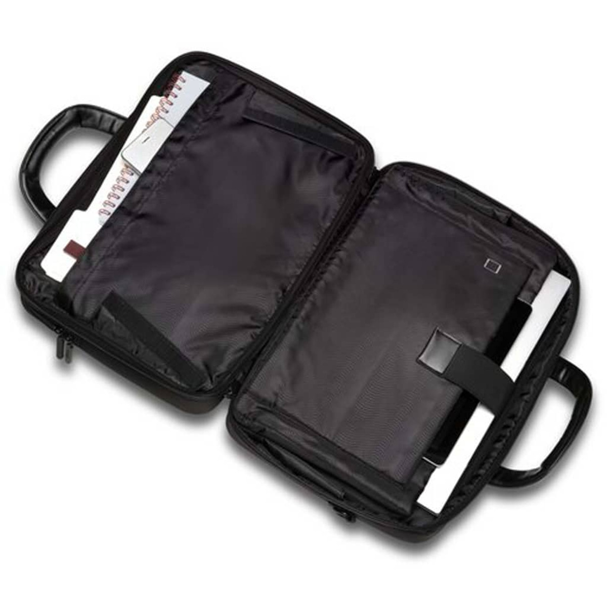 Una borsa per laptop nera aperta con un taccuino e un laptop.