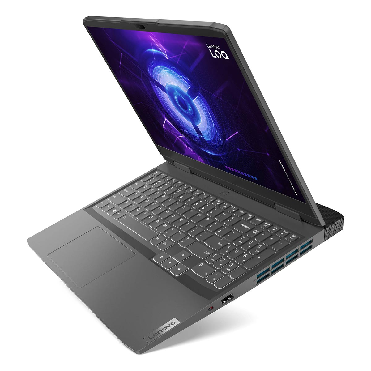 Grauer Lenovo Laptop mit beleuchteter Tastatur und blauem Hintergrundbild.
