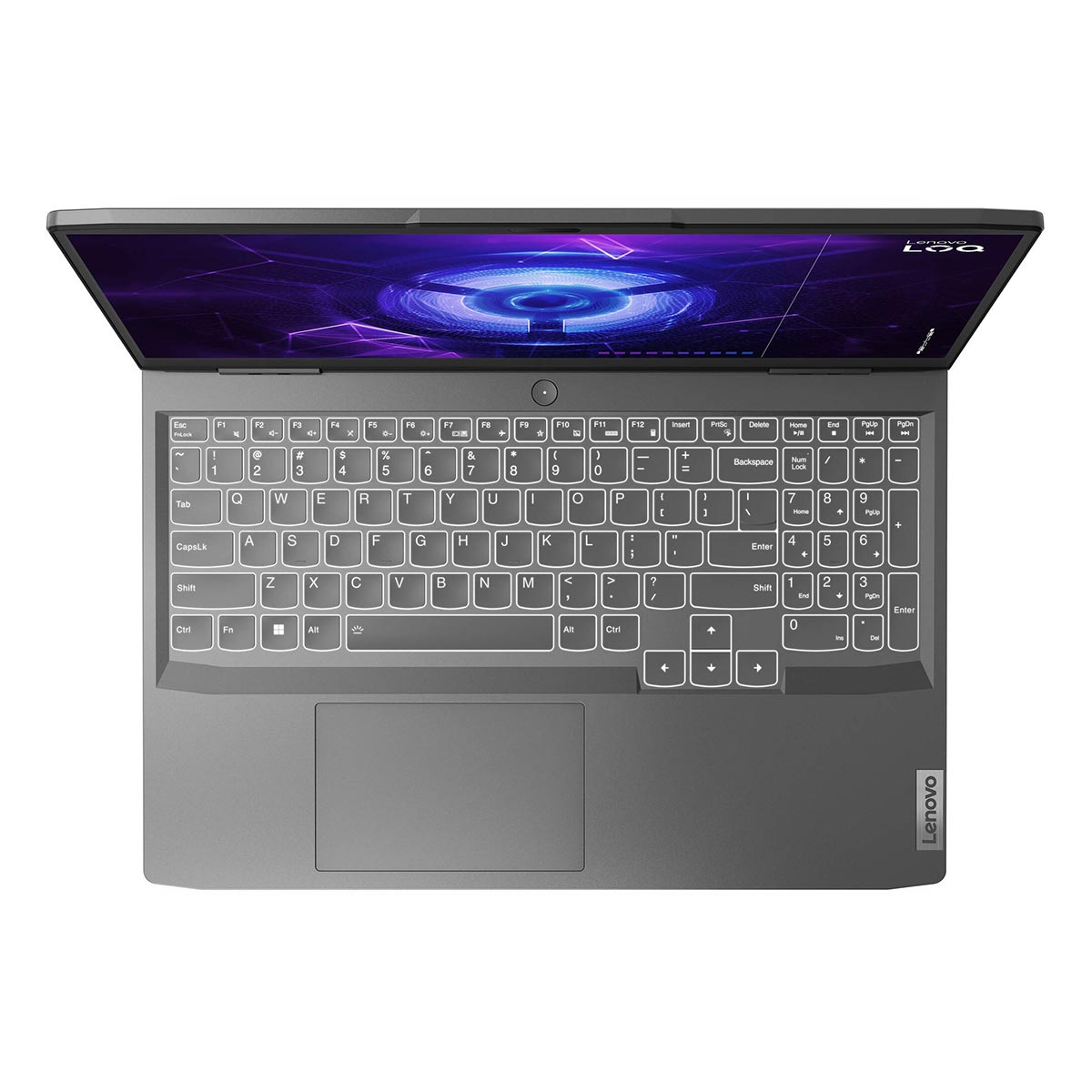 Ein graues Lenovo-Laptop ist geöffnet und zeigt einen leuchtenden blauen Bildschirm und eine vollständige Tastatur.