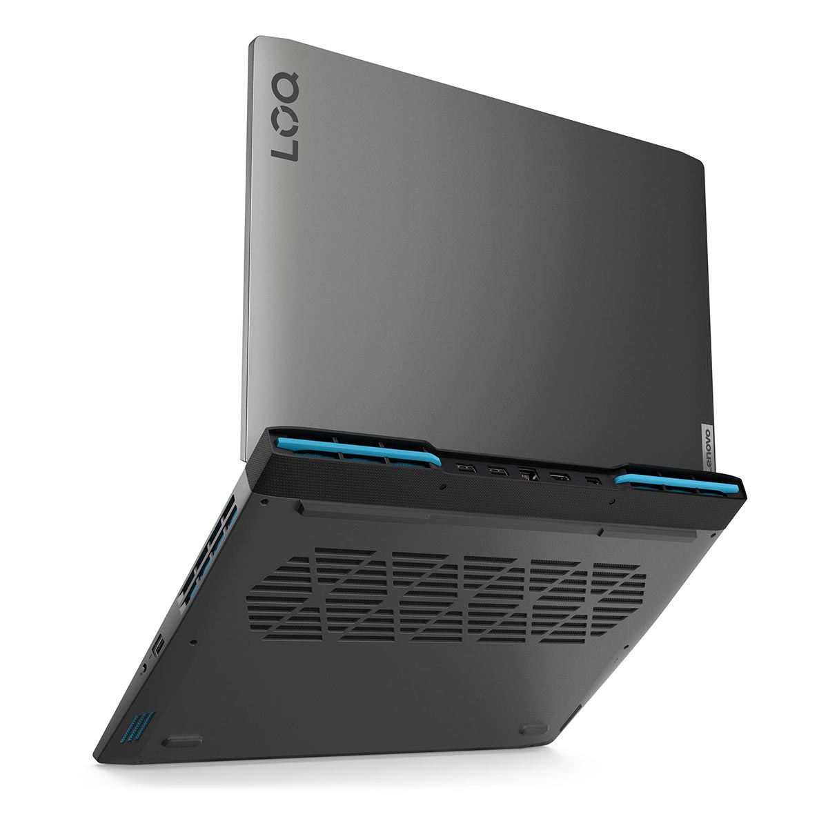 Grauer Laptop mit blau Akzenten, hinten Ansicht mit Lüftungsschlitzen.