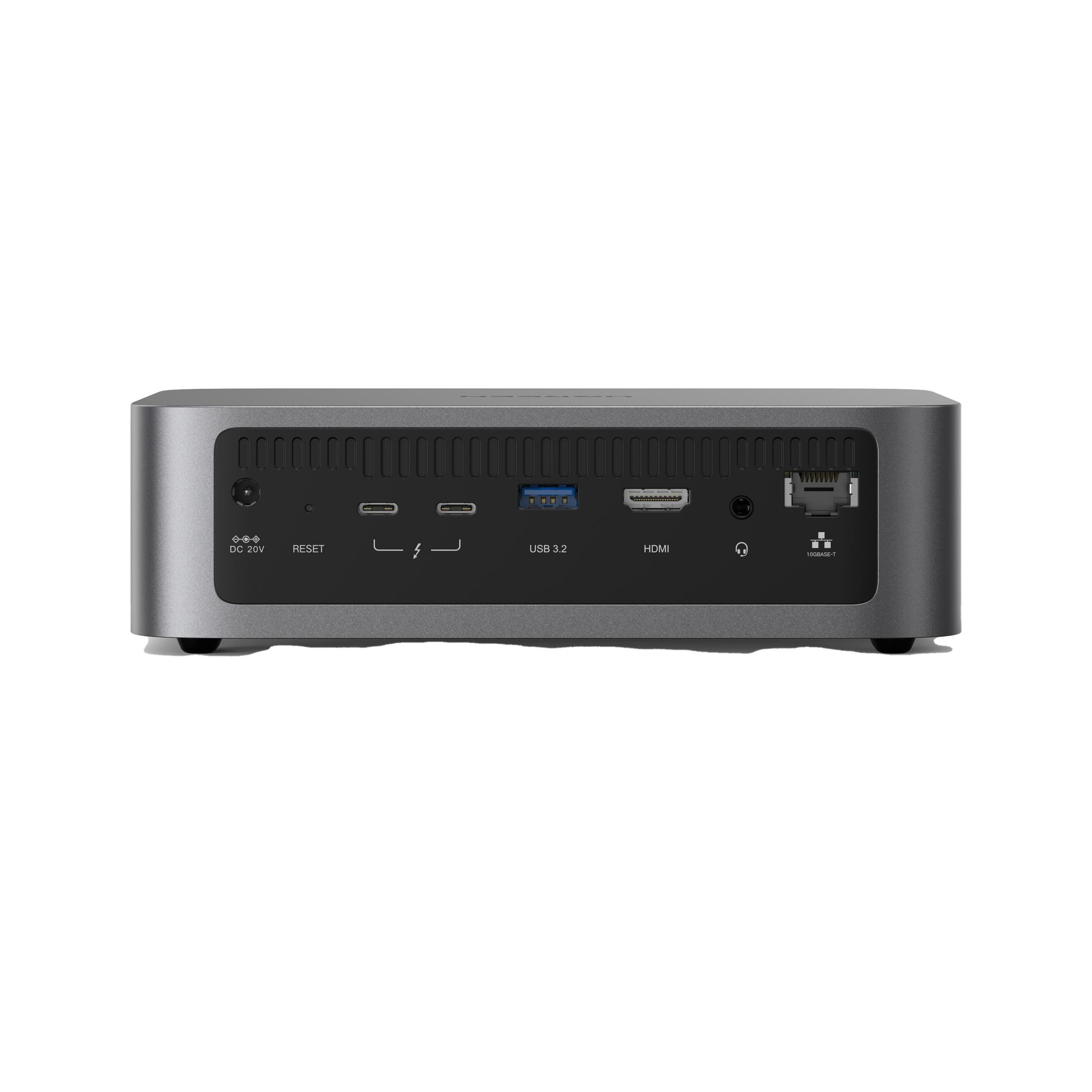 Rückansicht eines grauen Mini-PCs mit Anschlüssen: DC 20V, Reset, USB-C, USB 3.2, HDMI, Audiobuchse, Ethernet.