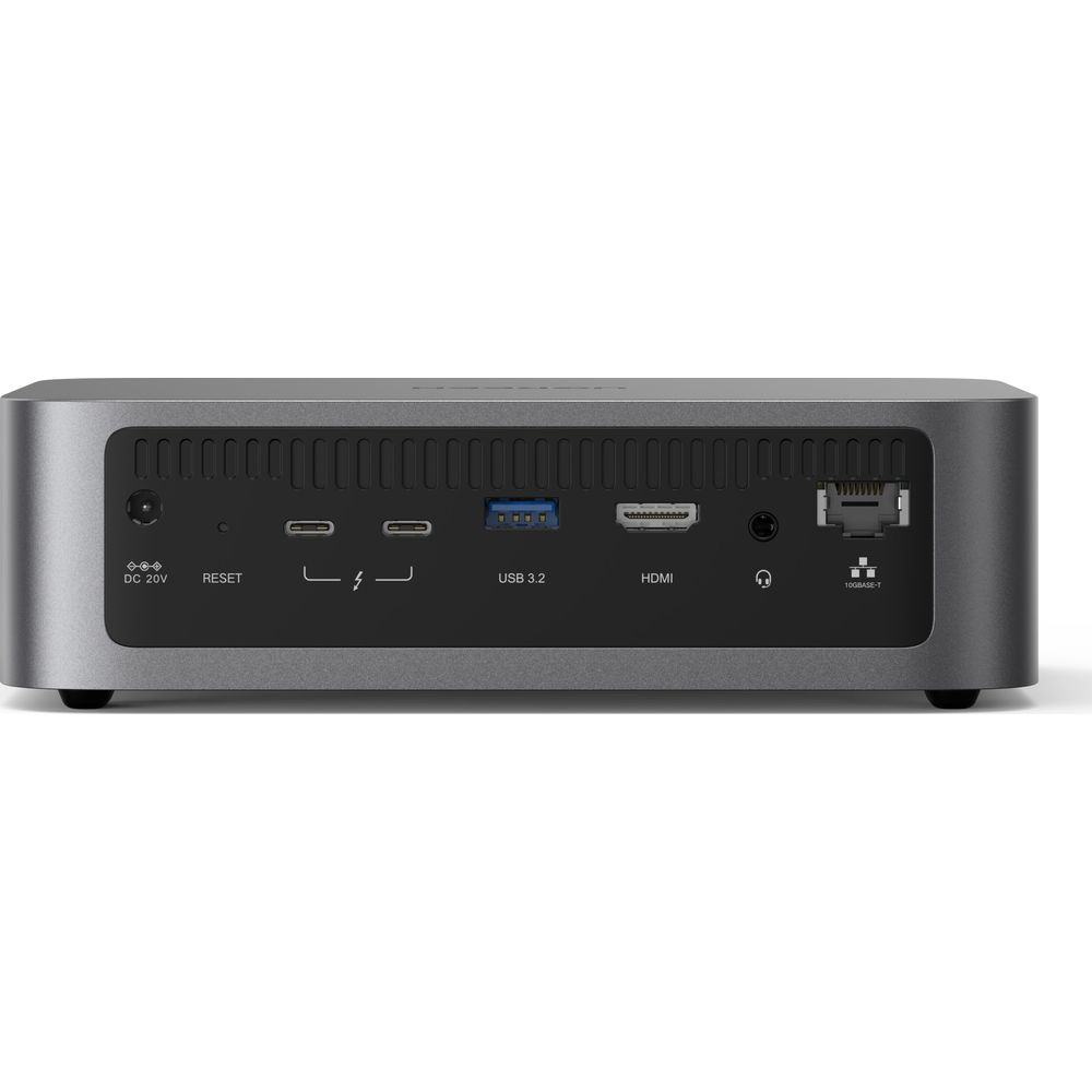 Rückseite eines grauen Mini-PCs mit Anschlüssen: DC 20V, Reset, USB 3.2, HDMI, Kopfhörer, Ethernet.