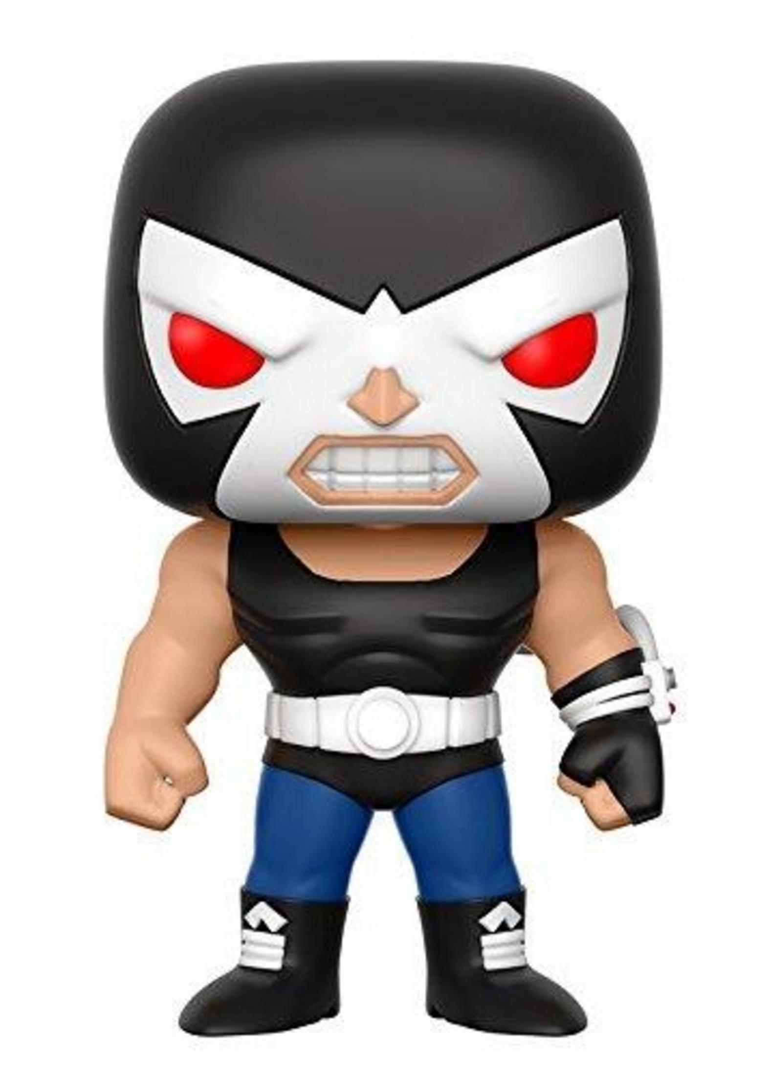 Funko Pop Figur von Bane in schwarzer Maske, schwarzem Tanktop, blauer Hose und schwarzen Stiefeln.