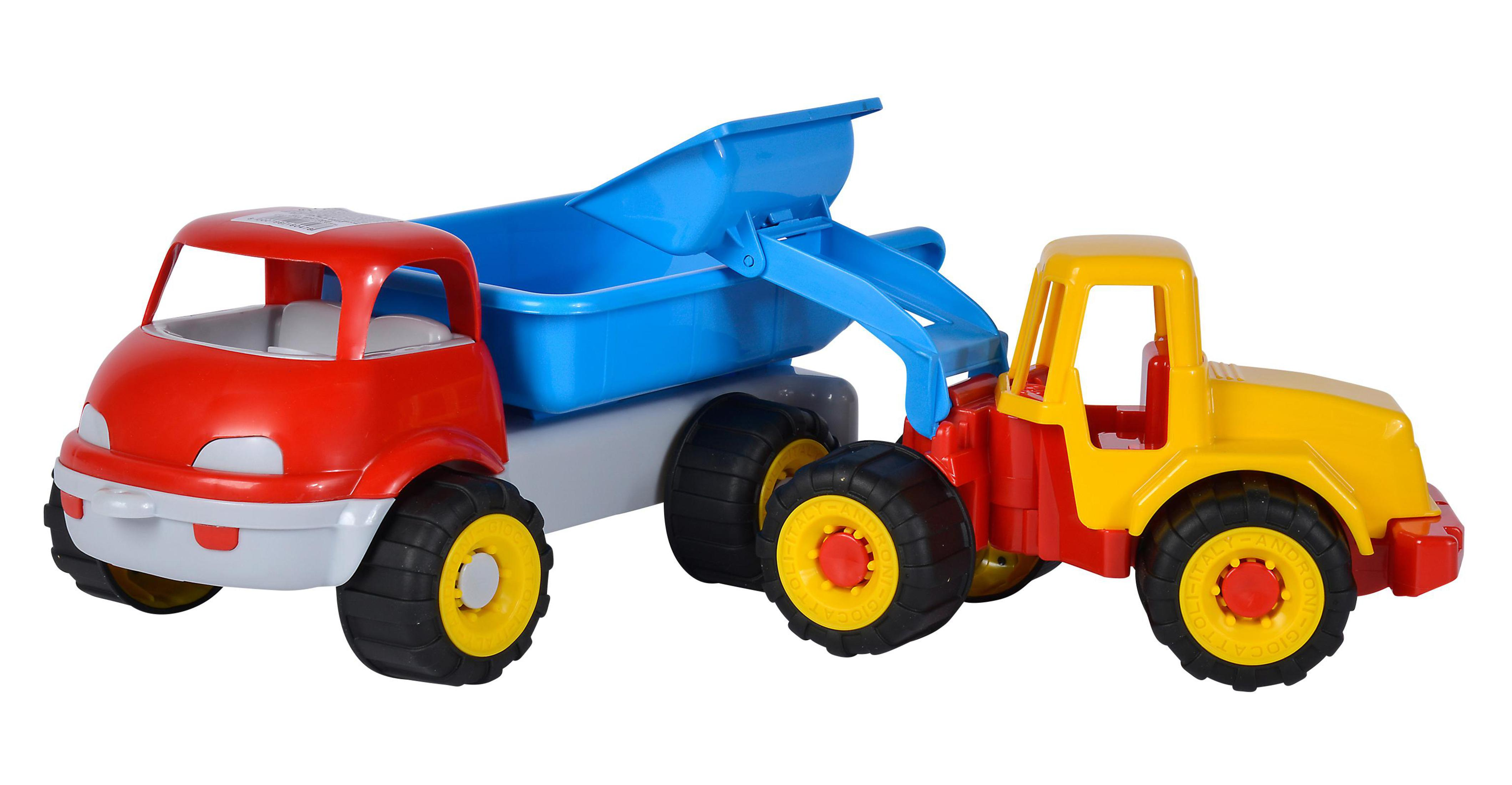 Ein roter Spielzeug-LKW mit blauem Kippanhänger und einem gelben Spielzeug-Traktor.