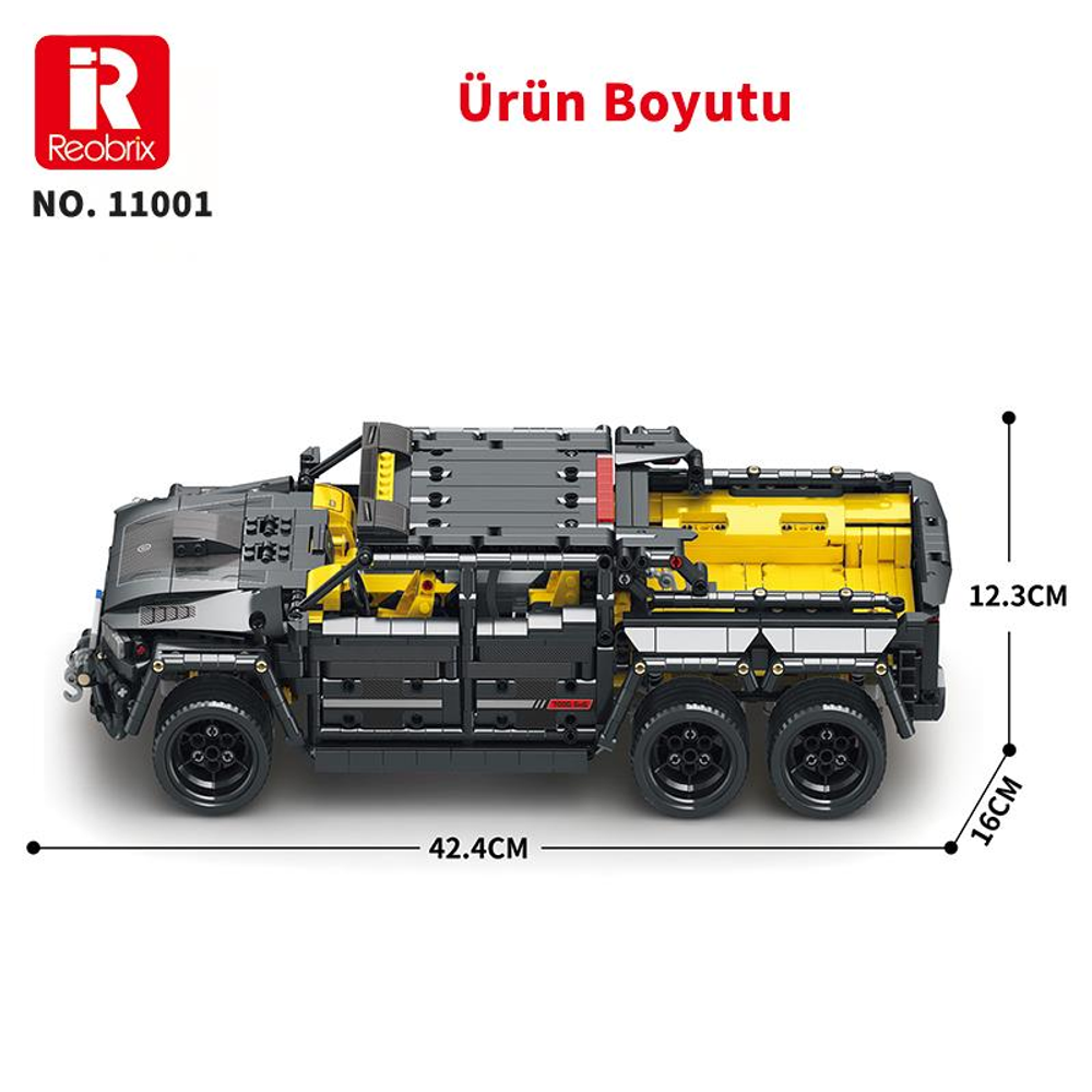 Gri ve sarı model araç boyutları: 42,4 cm uzunluk, 16 cm yükseklik, 12,3 cm genişlik.
