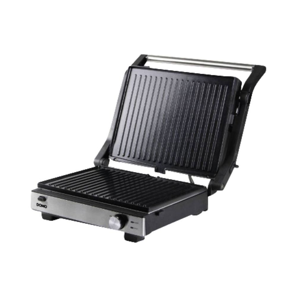 Un grill à sandwich ouvert, argenté et noir, avec des plaques striées.