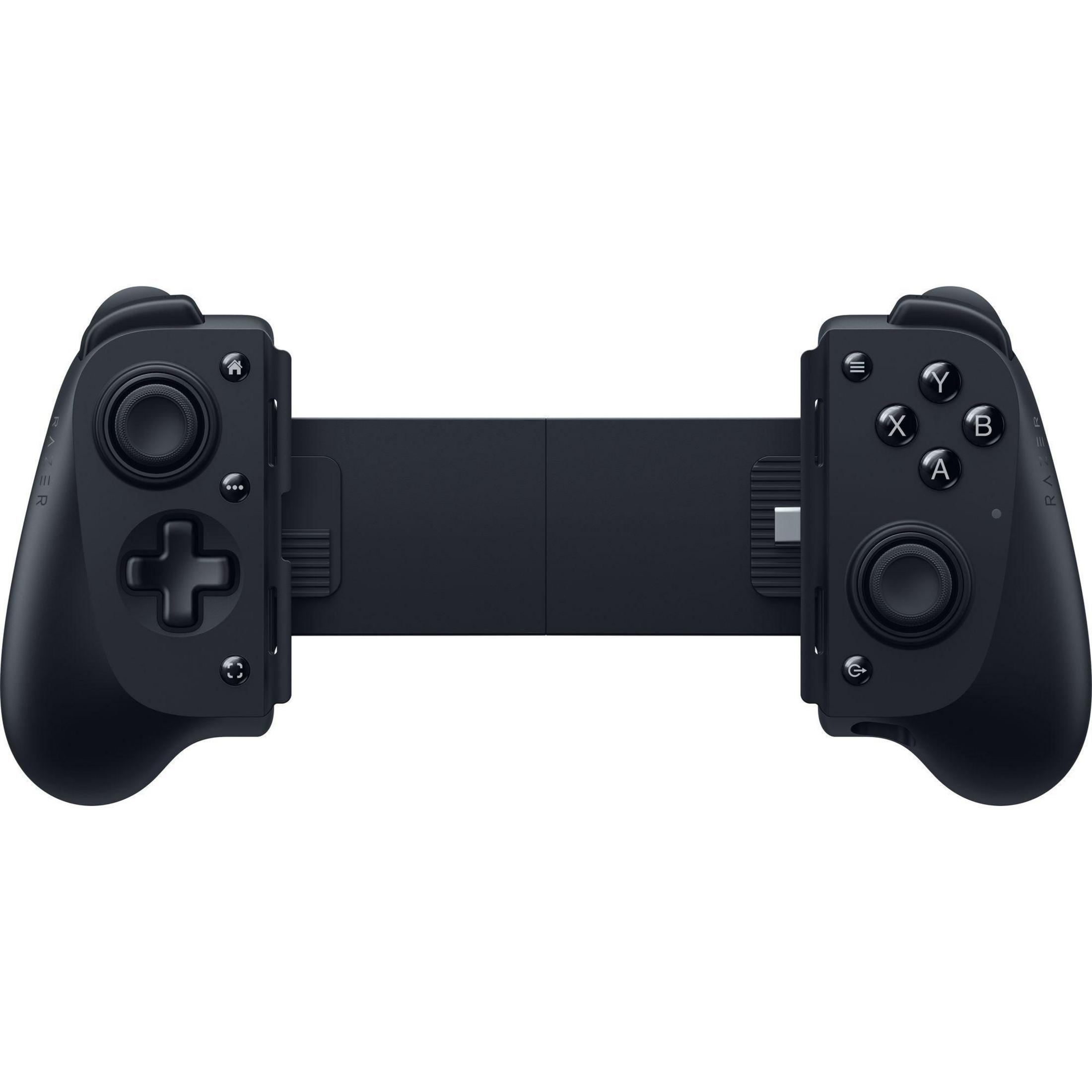 Schwarzer mobiler Gaming-Controller mit zwei Joysticks und Tasten.
