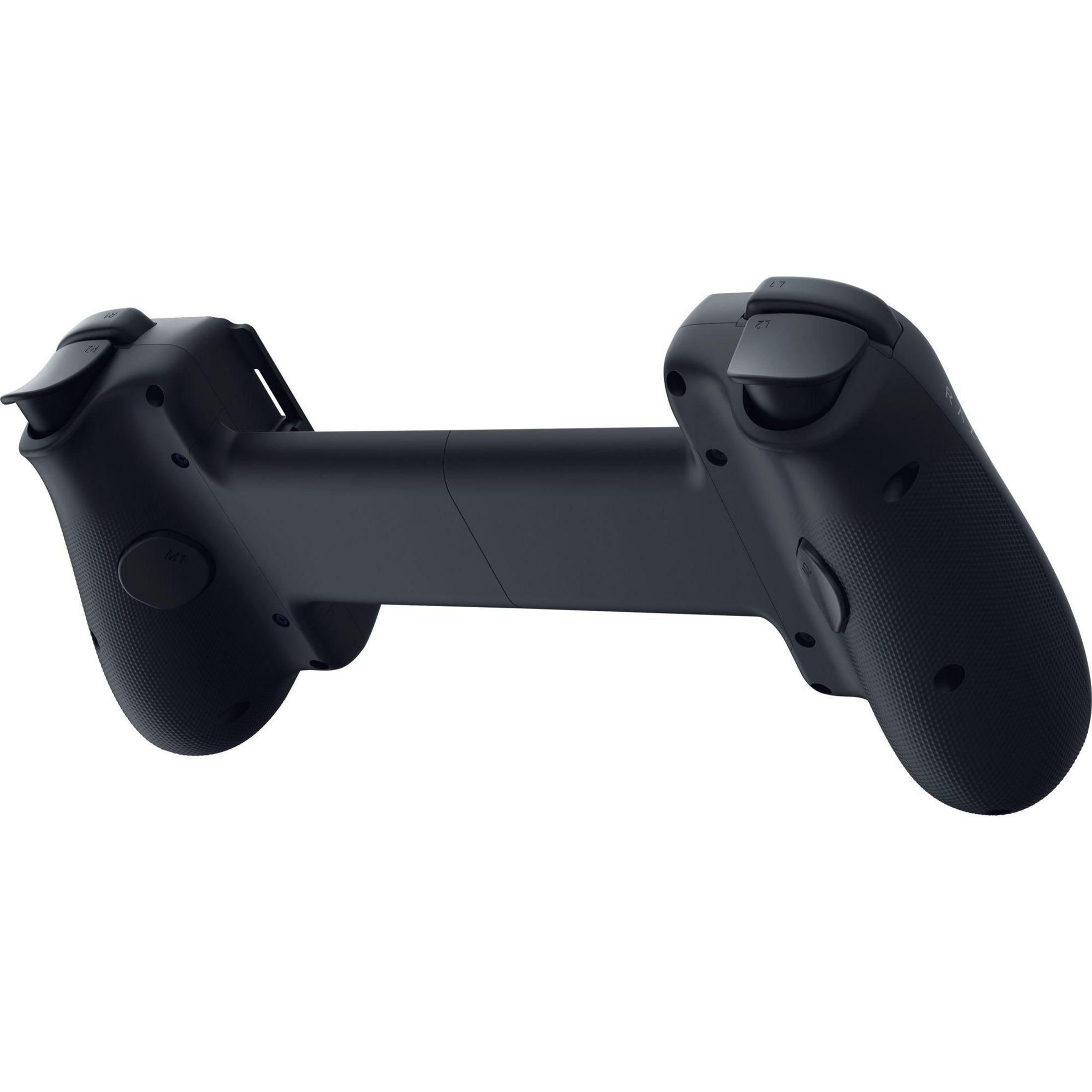 Schwarzer Gaming-Controller mit Griffen und Tasten, auf weißem Hintergrund.