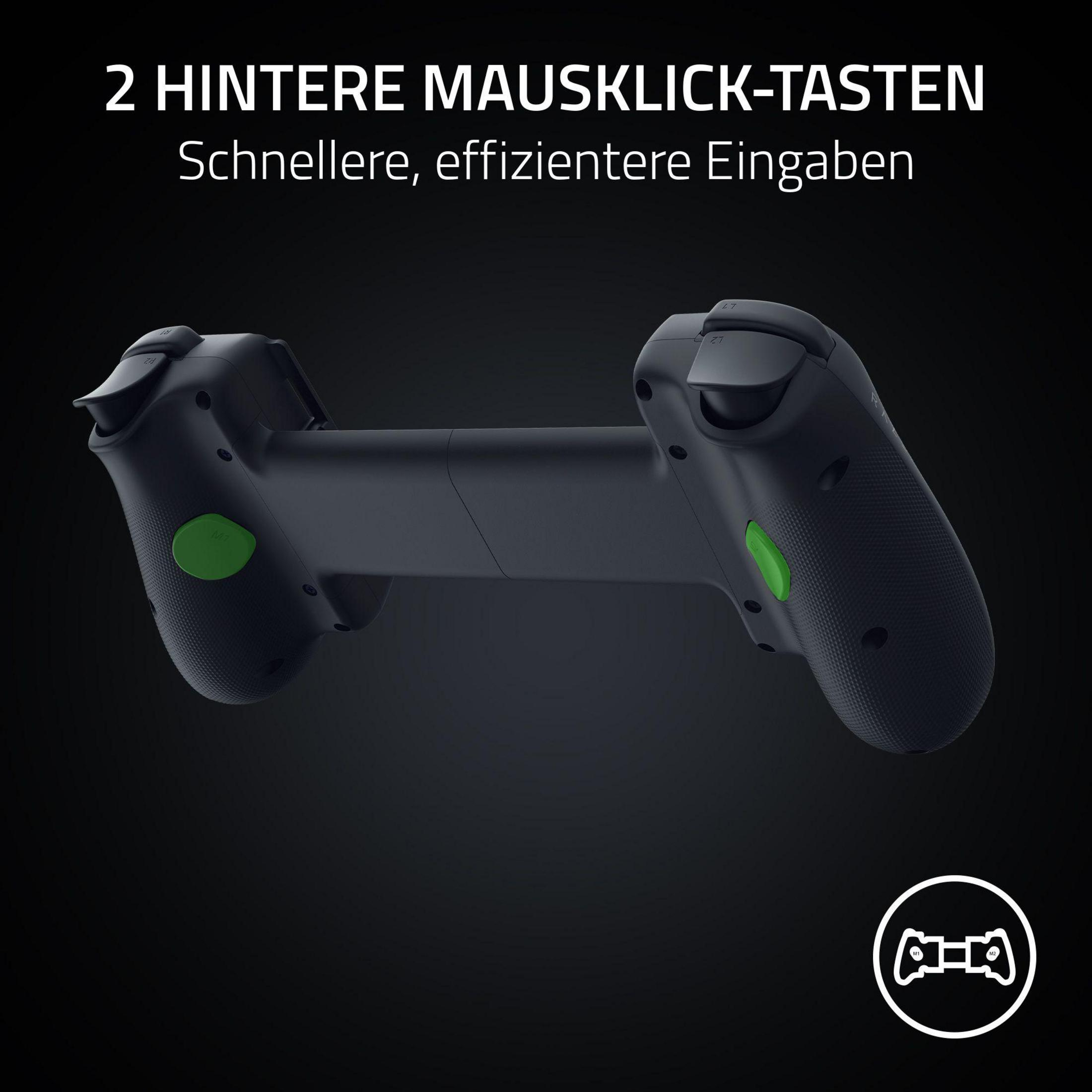 Schwarzer Gaming-Controller mit zwei hinteren Tasten und grünem Akzent.