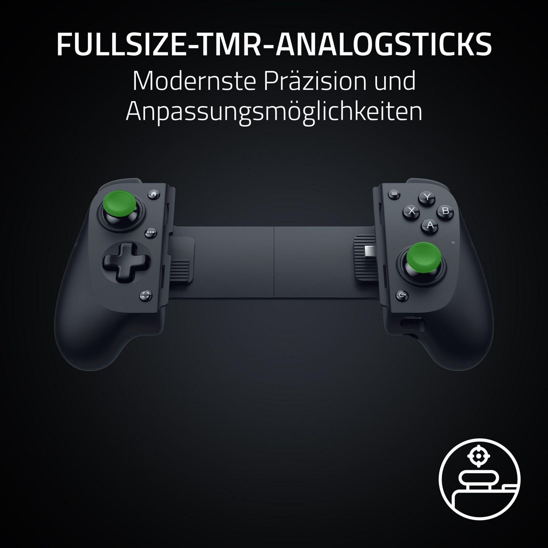 Schwarzer Gaming-Controller mit grünen Analogsticks und Tasten auf dunklem Hintergrund.