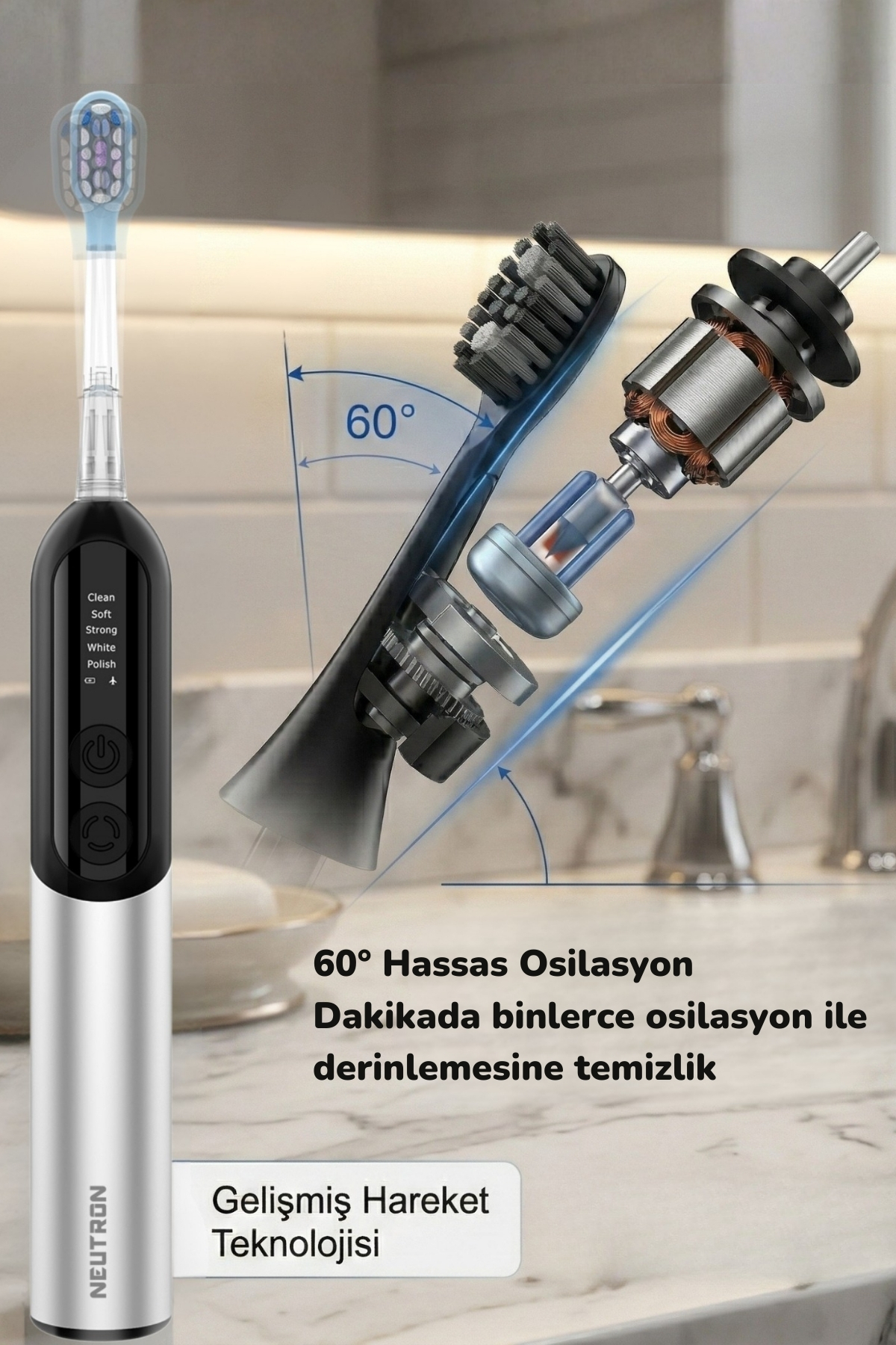 60° salınımlı elektrikli diş fırçası ve motor detayları.