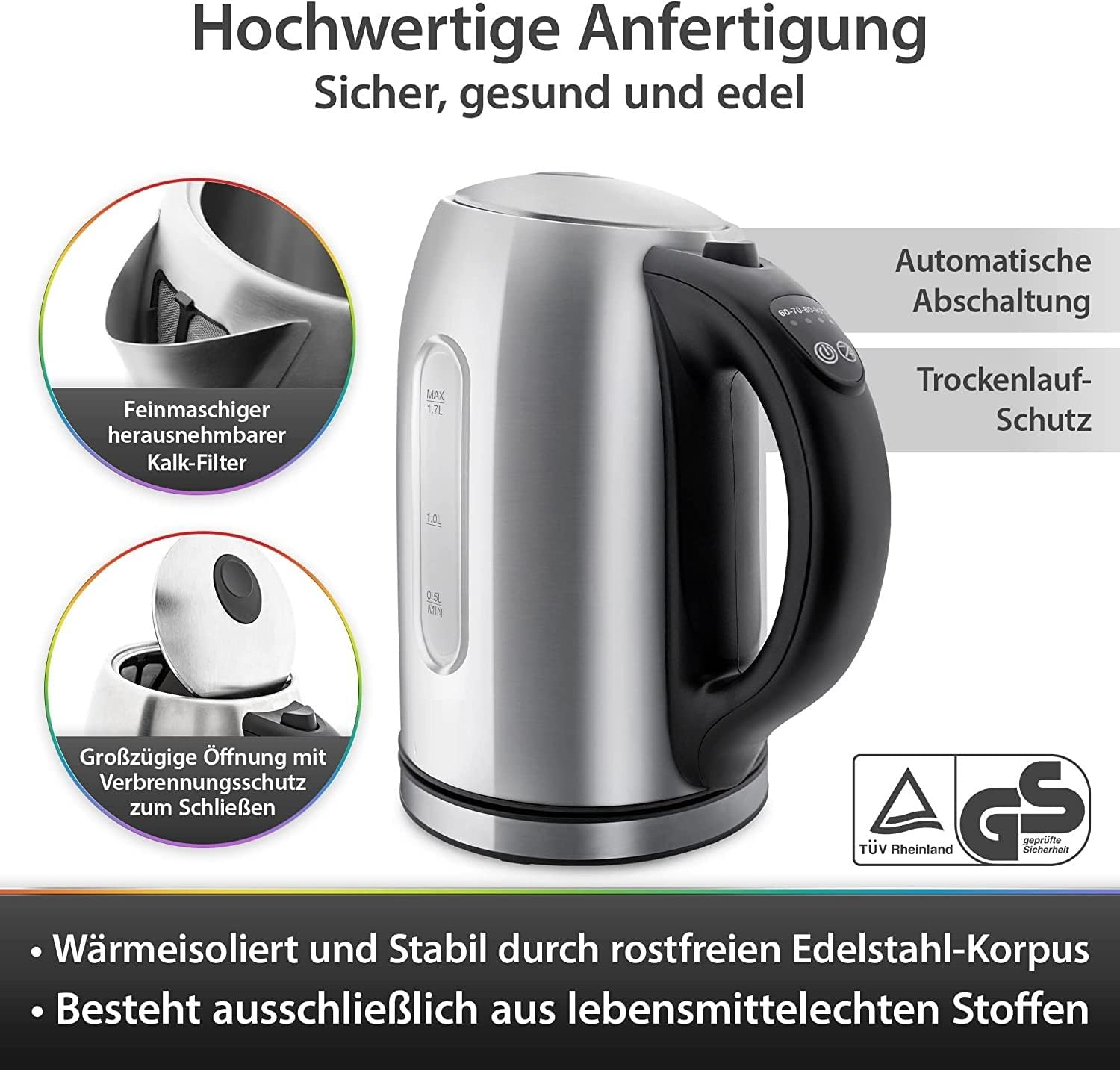 Edelstahl Wasserkocher mit Sichtfenster, abnehmbarem Filter und Sicherheitsmerkmalen.