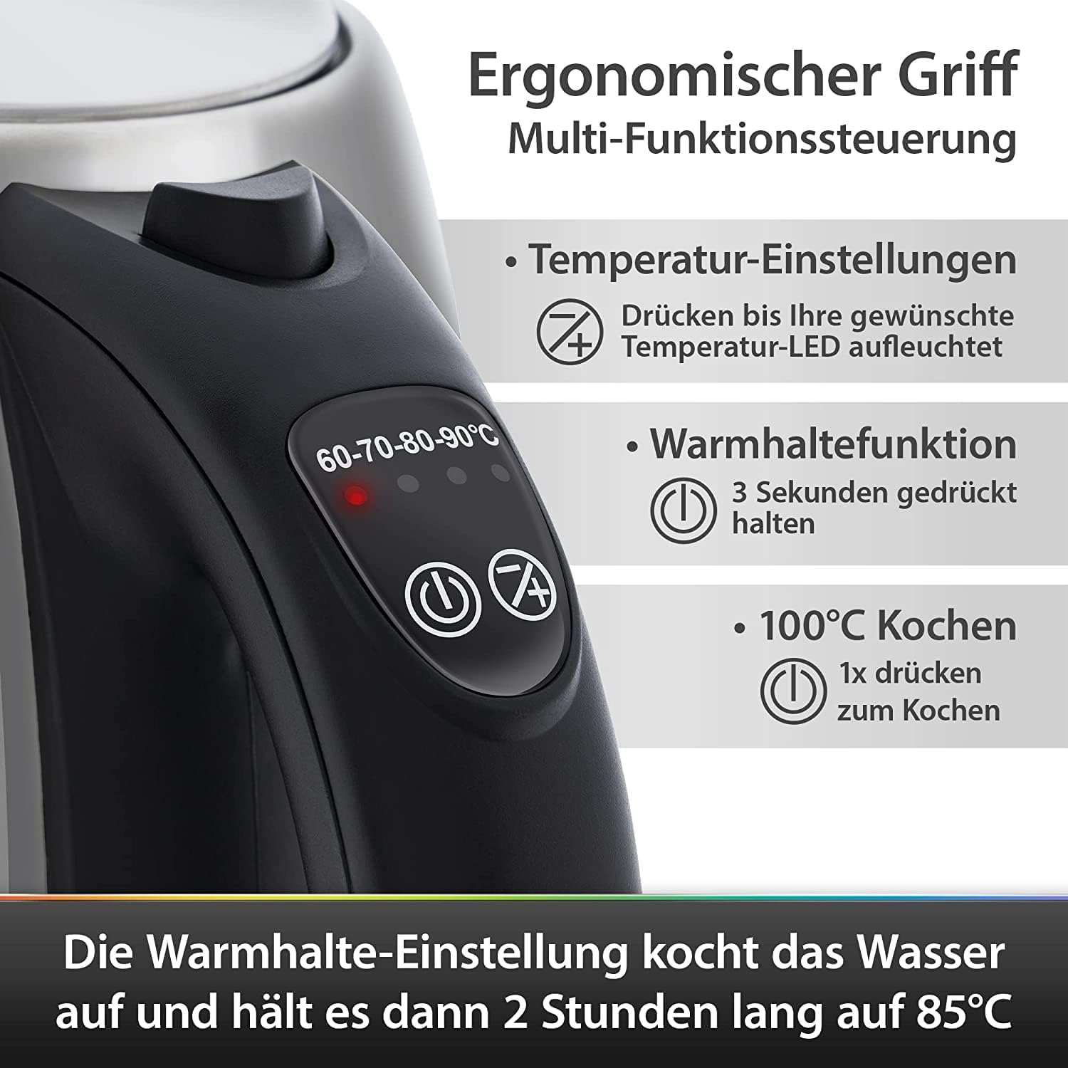 Wasserkochergriff mit Tasten für Temperatur, Warmhalten und 100°C Kochen.