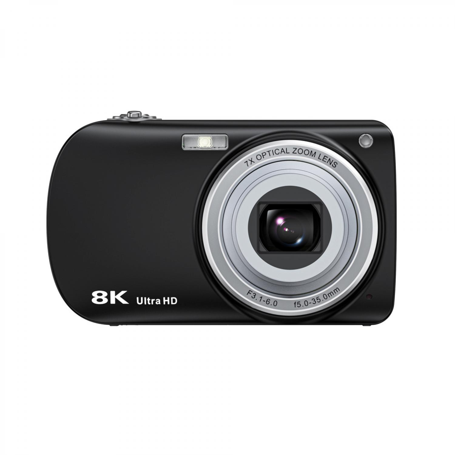 Eine schwarze Digitalkamera mit 7x optischem Zoom und 8K Ultra HD-Aufnahme.