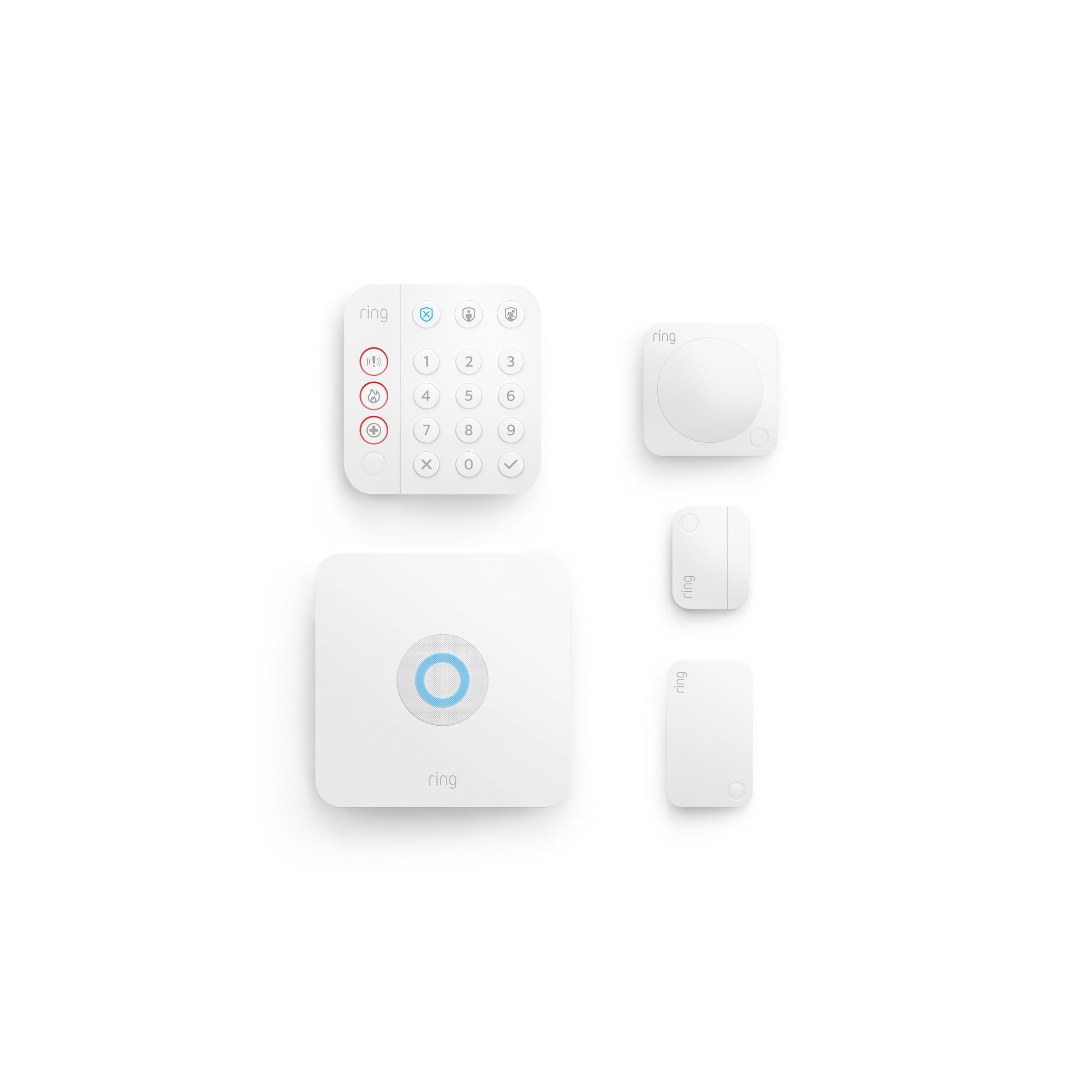 Set de alarma Ring con estación base, teclado, detector de movimiento y contacto puerta/ventana.