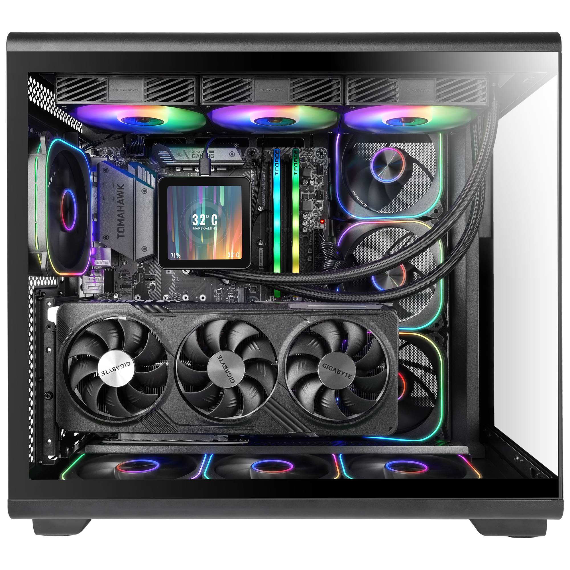 Vista interior de un ordenador de alto rendimiento con iluminación RGB en ventiladores y componentes.