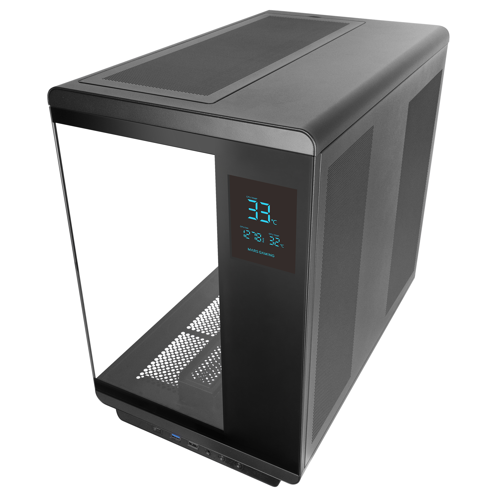 Caja de ordenador negra con frontal de cristal y pantalla digital. Rejillas de ventilación arriba y a los lados.