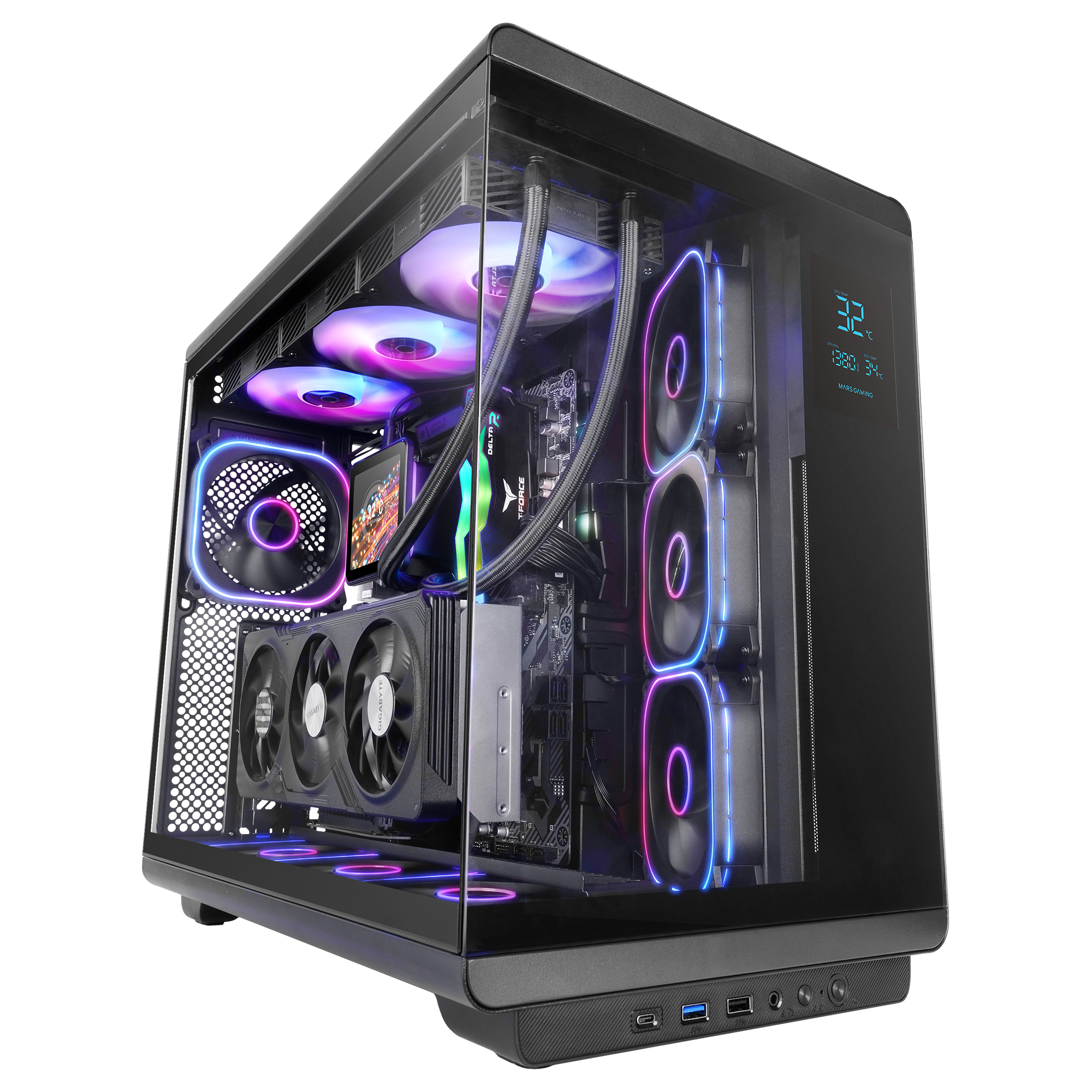 Una caja de PC negra con paneles de cristal, iluminada por ventiladores RGB.