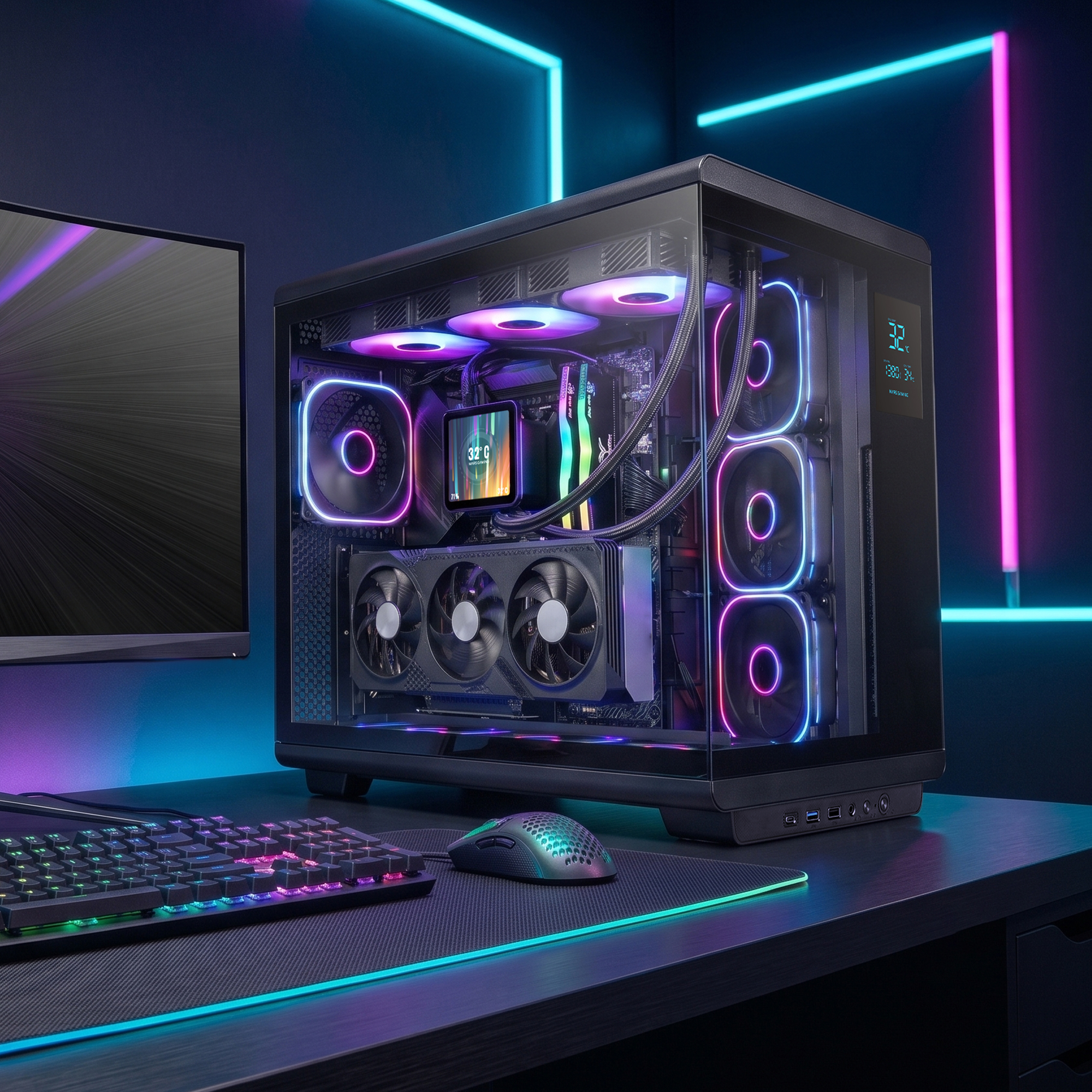 Un PC para juegos con iluminación RGB, monitor, teclado y ratón sobre un escritorio.